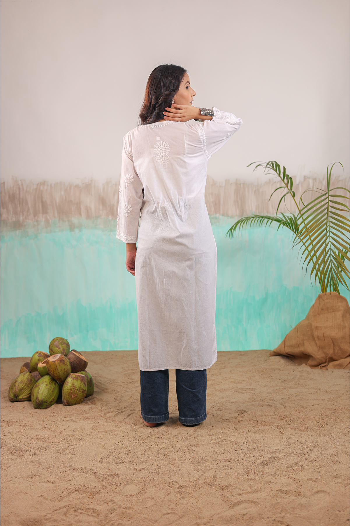 WHITE RUHANI PURE COTTON HAND CRAFTED CHIKANKARI STRAIGHT KURTI