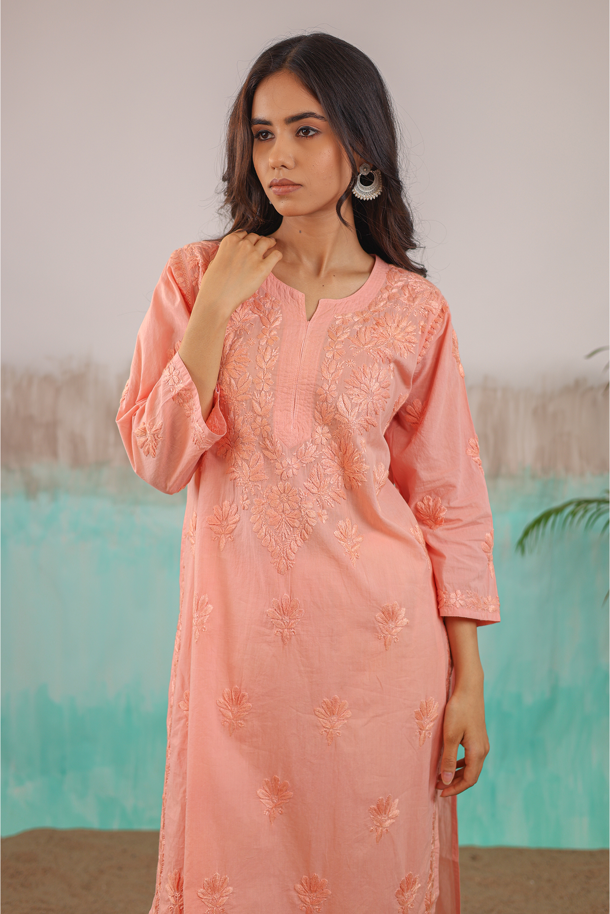 PEACH RUHANI PURE COTTON HAND CRAFTED CHIKANKARI STRAIGHT KURTI