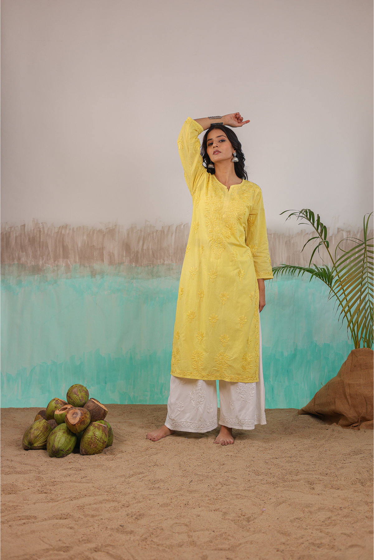 YELLOW RUHANI PURE COTTON HAND CRAFTED CHIKANKARI STRAIGHT KURTI
