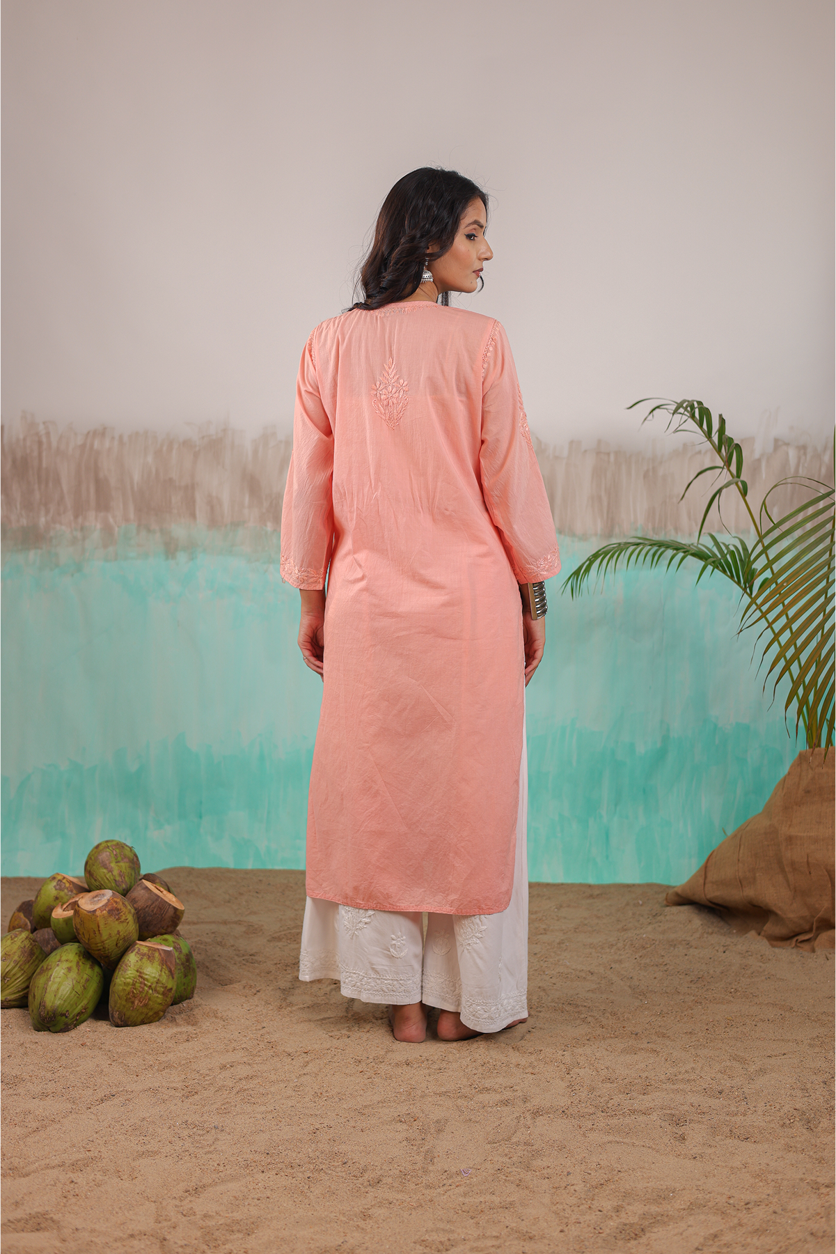PEACH AAROHI PURE COTTON HAND CRAFTED CHIKANKARI STRAIGHT KURTI