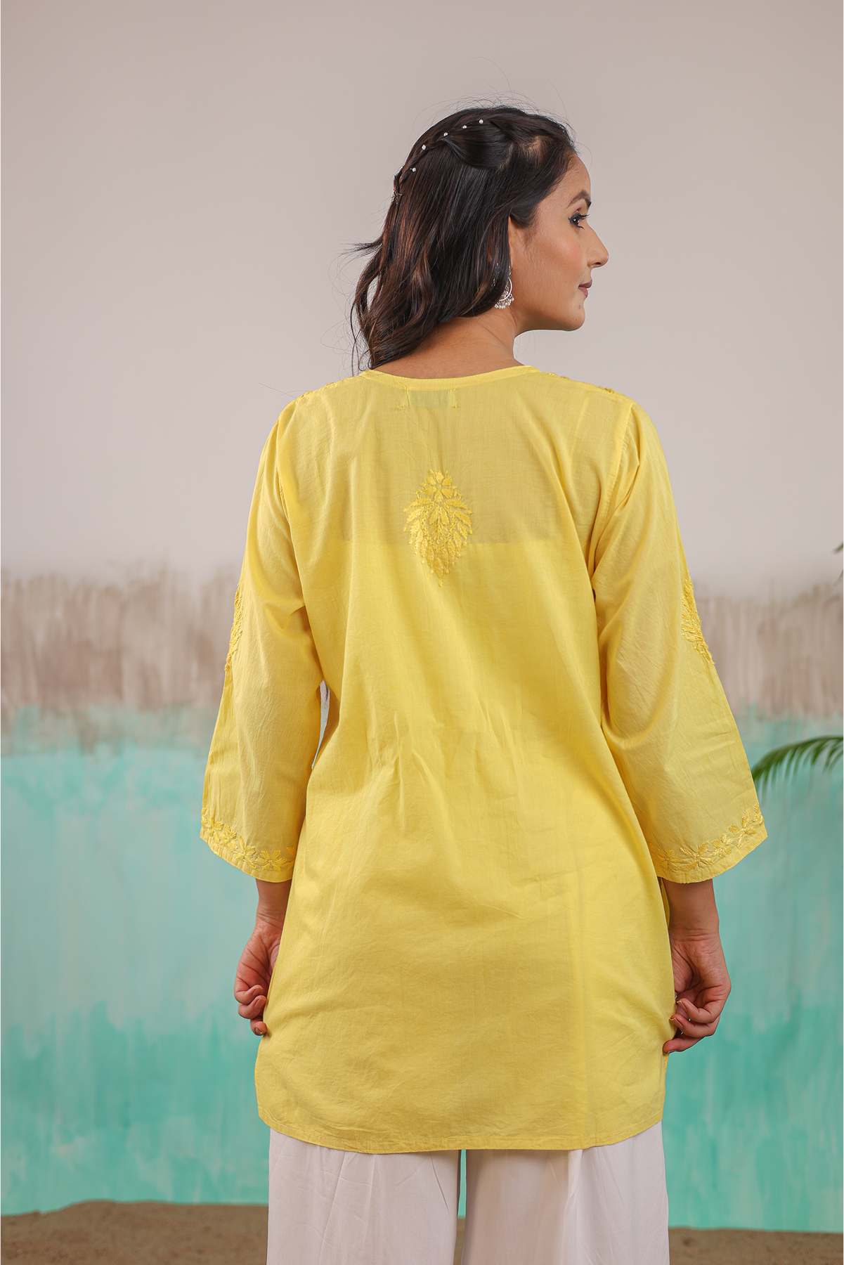 YELLOW ANVI PURE COTTON HAND CRAFTED CHIKANKARI SHORT KURTI