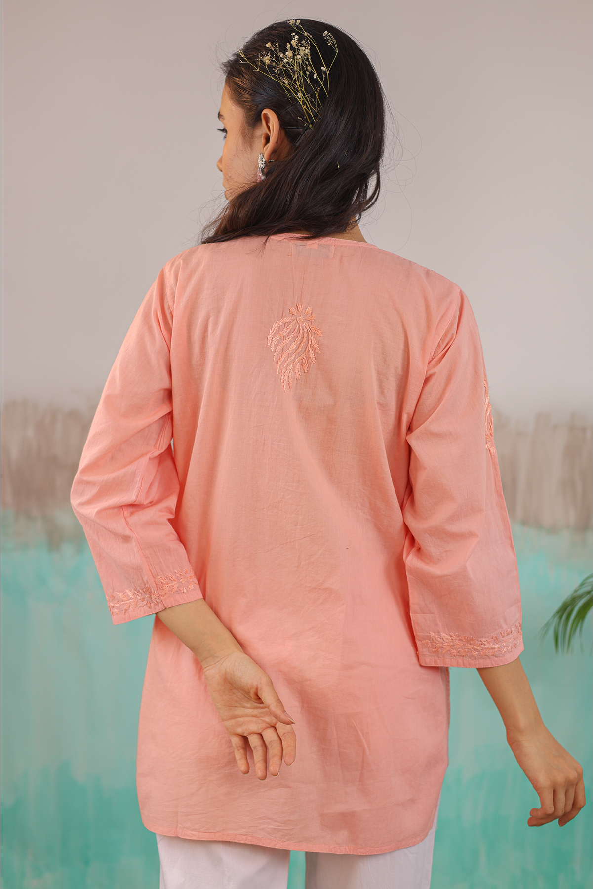 PEACH ANAYA PURE COTTON HAND CRAFTED CHIKANKARI SHORT KURTI