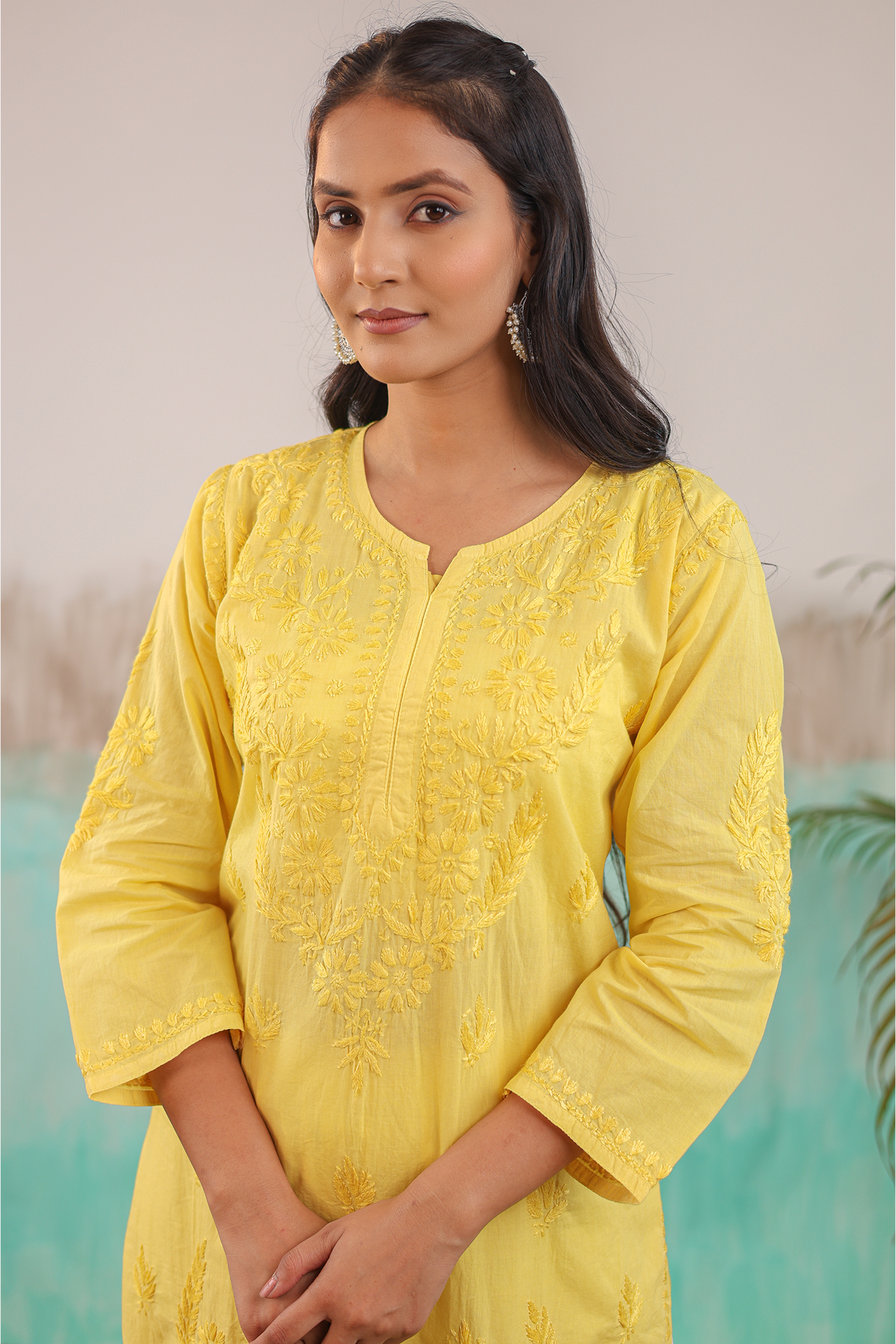 YELLOW KAVYA PURE COTTON HAND CRAFTED CHIKANKARI STRAIGHT KURTI