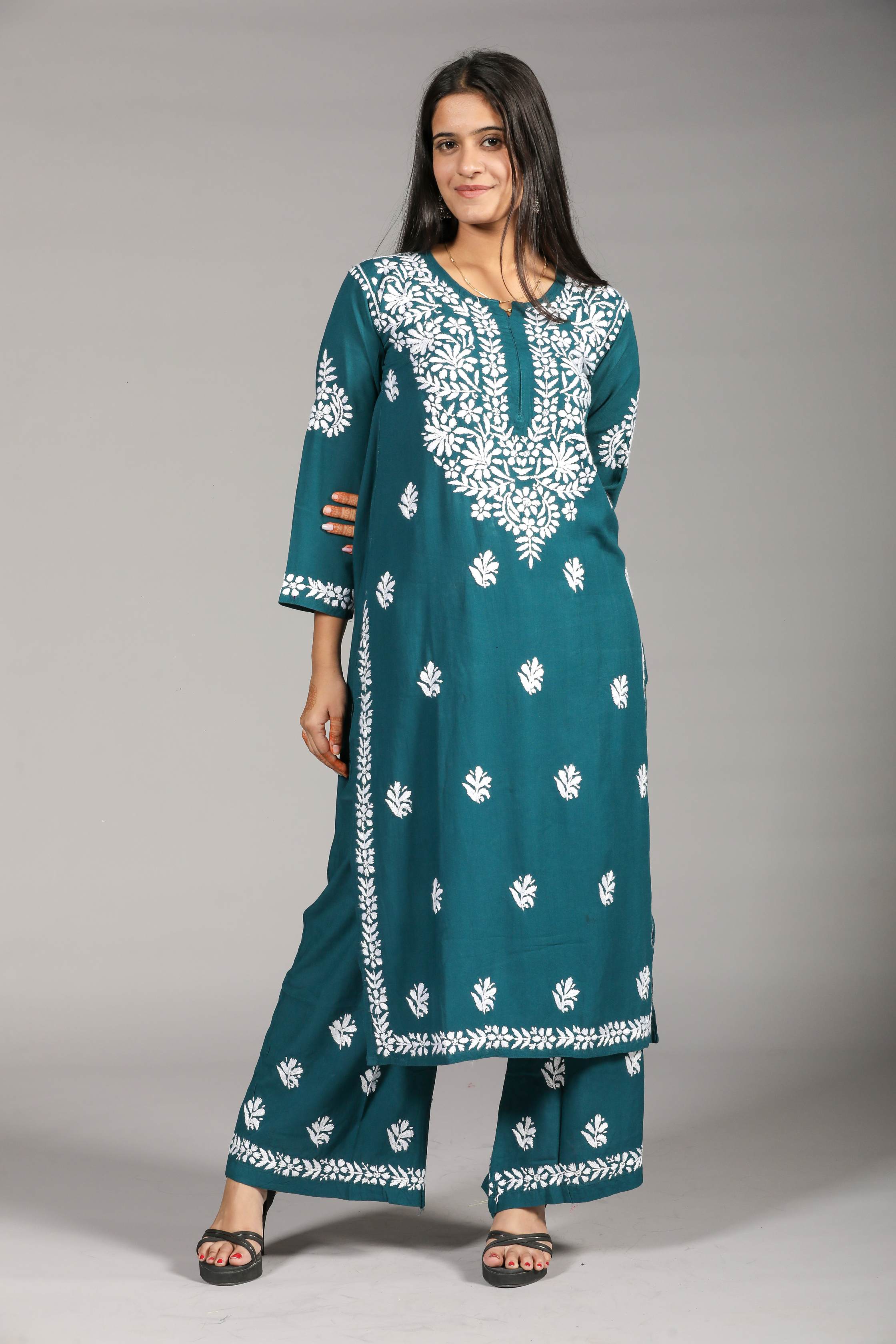 VAMI Rayon Kurti Palazzo set-Sea Blue colour
