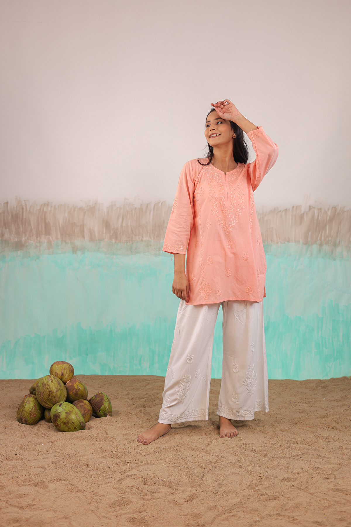 PEACH ANVI PURE COTTON HAND CRAFTED CHIKANKARI SHORT KURTI