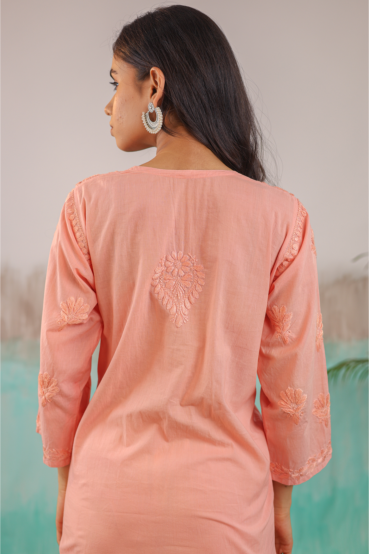 PEACH RUHANI PURE COTTON HAND CRAFTED CHIKANKARI STRAIGHT KURTI