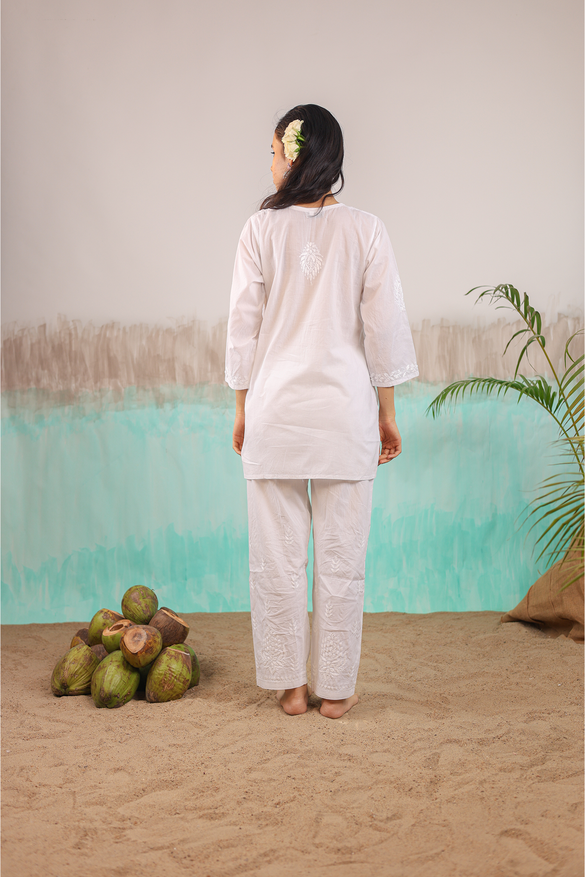 WHITE ANVI PURE COTTON HAND CRAFTED CHIKANKARI SHORT KURTI