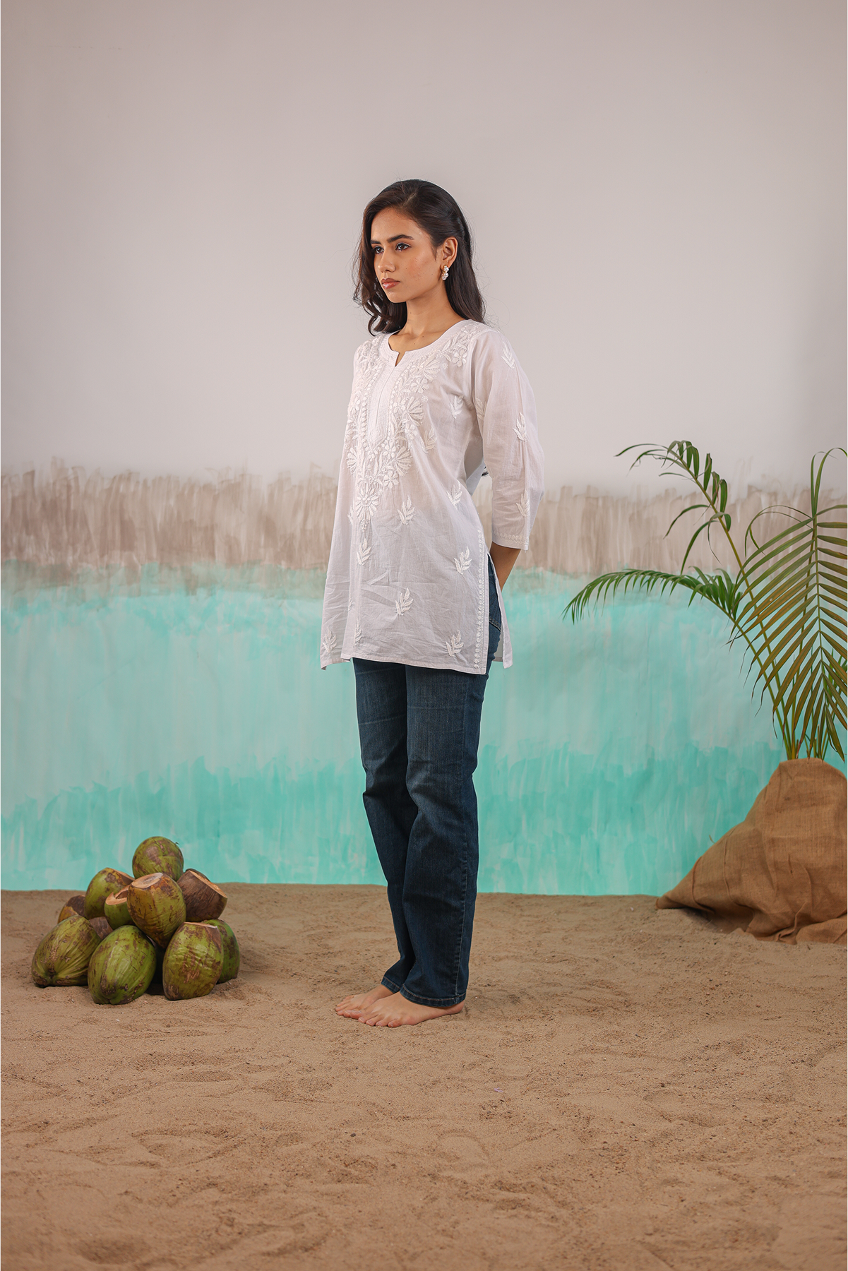 WHITE NEERA PURE COTTON HAND CRAFTED CHIKANKARI SHORT KURTI