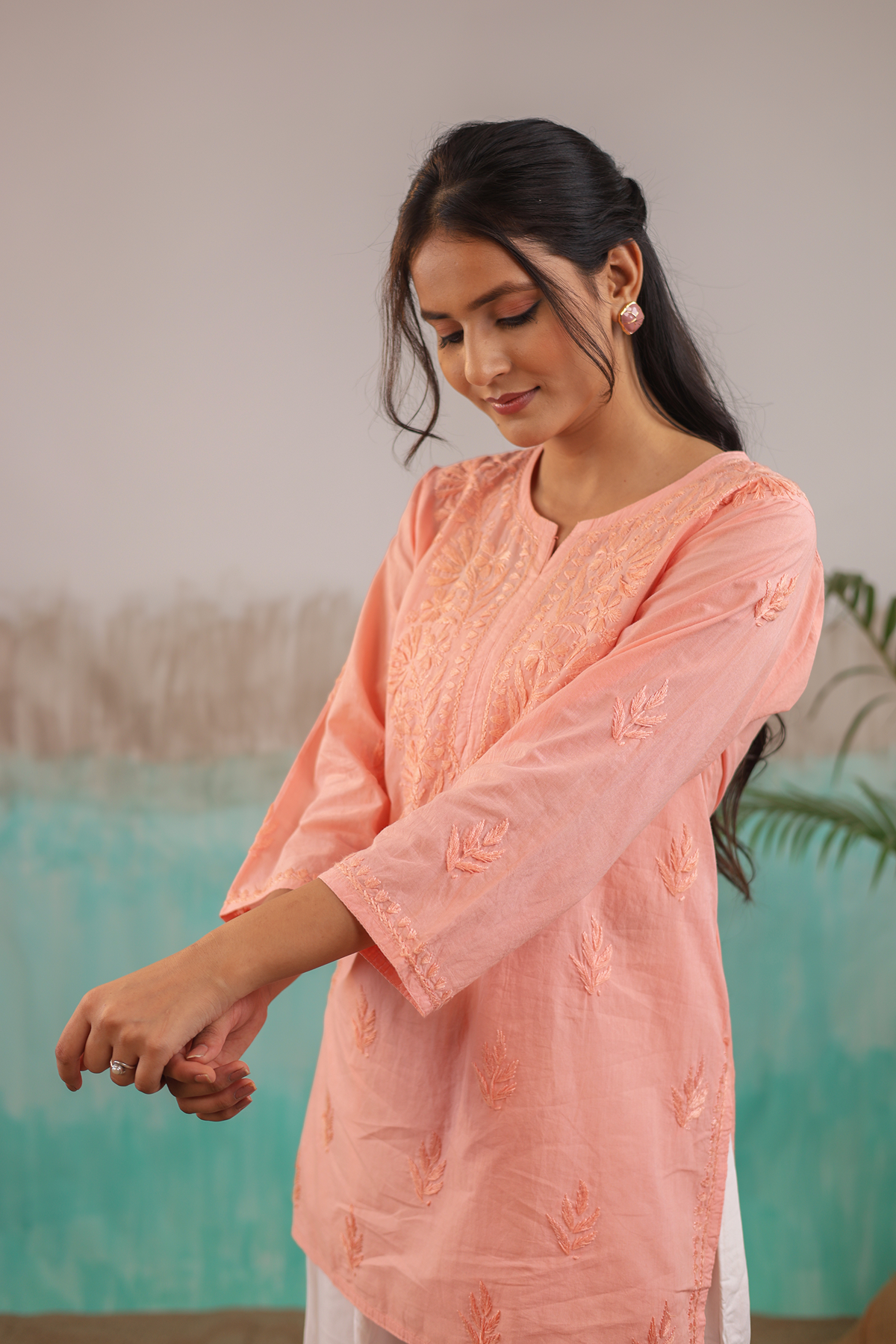 PEACH NEERA PURE COTTON HAND CRAFTED CHIKANKARI SHORT KURTI
