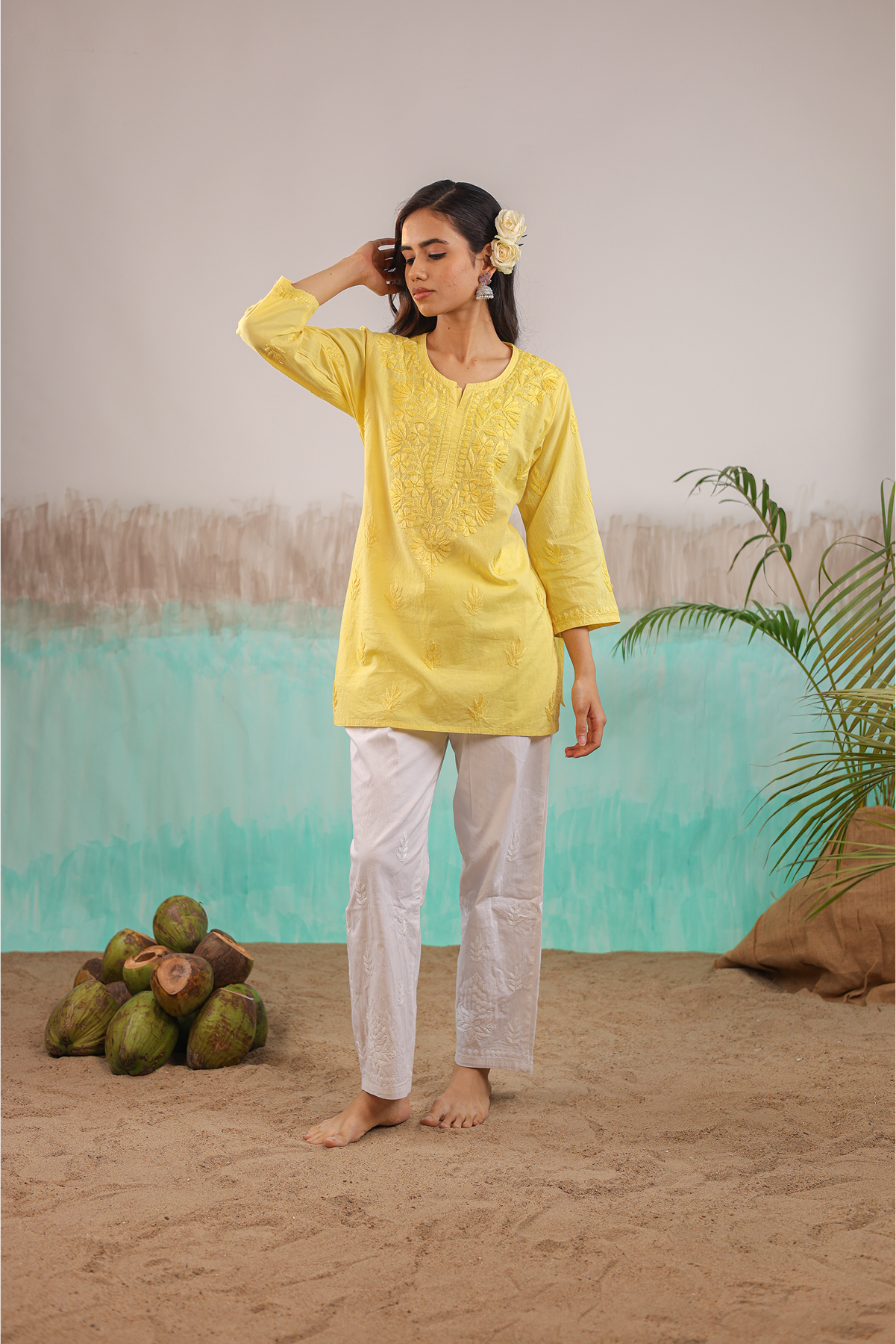 YELLOW NEERA PURE COTTON HAND CRAFTED CHIKANKARI SHORT KURTI