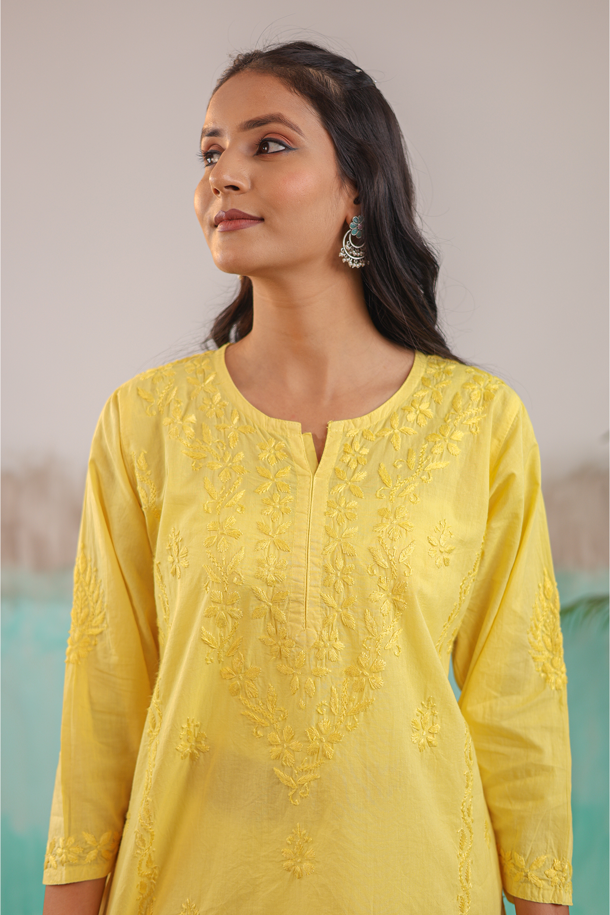 YELLOW ANVI PURE COTTON HAND CRAFTED CHIKANKARI SHORT KURTI