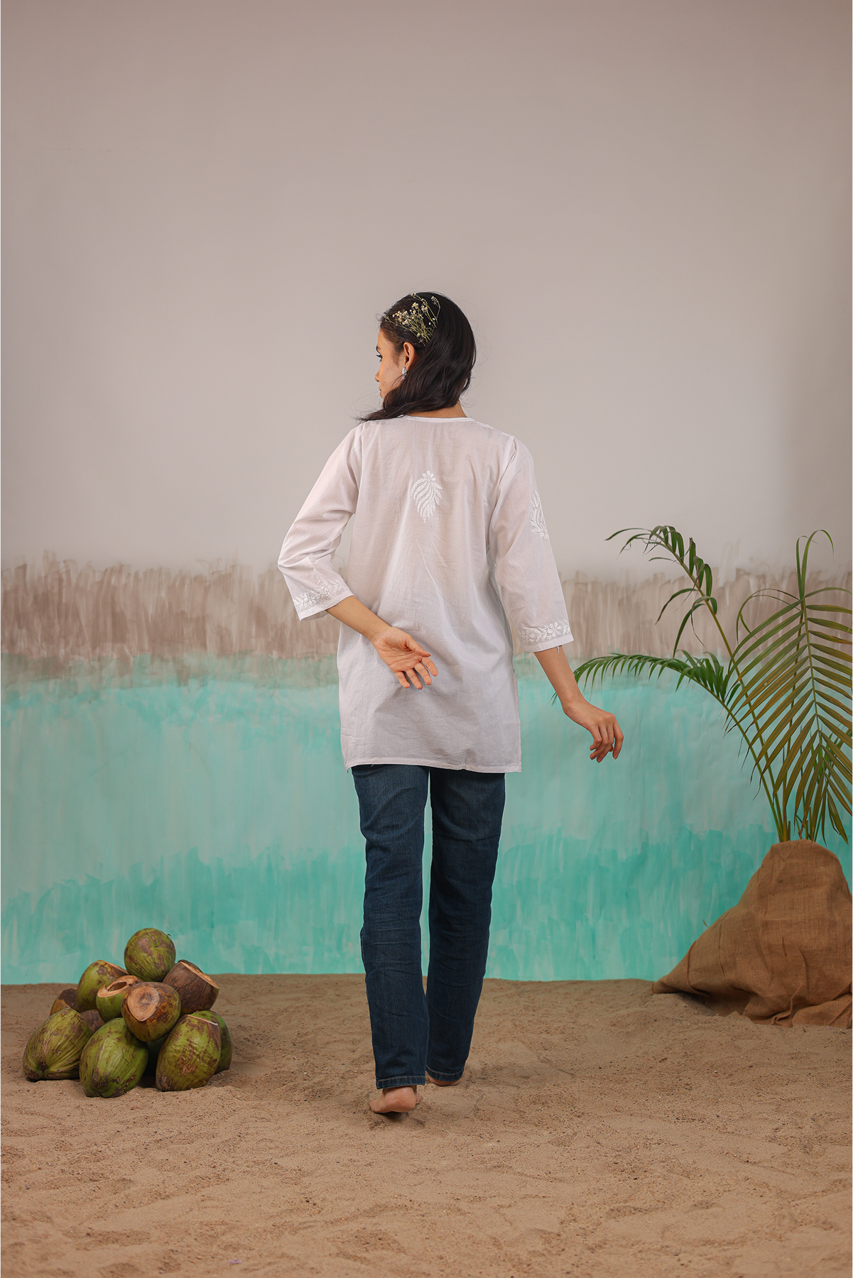 WHITE ANAYA PURE COTTON HAND CRAFTED CHIKANKARI SHORT KURTI