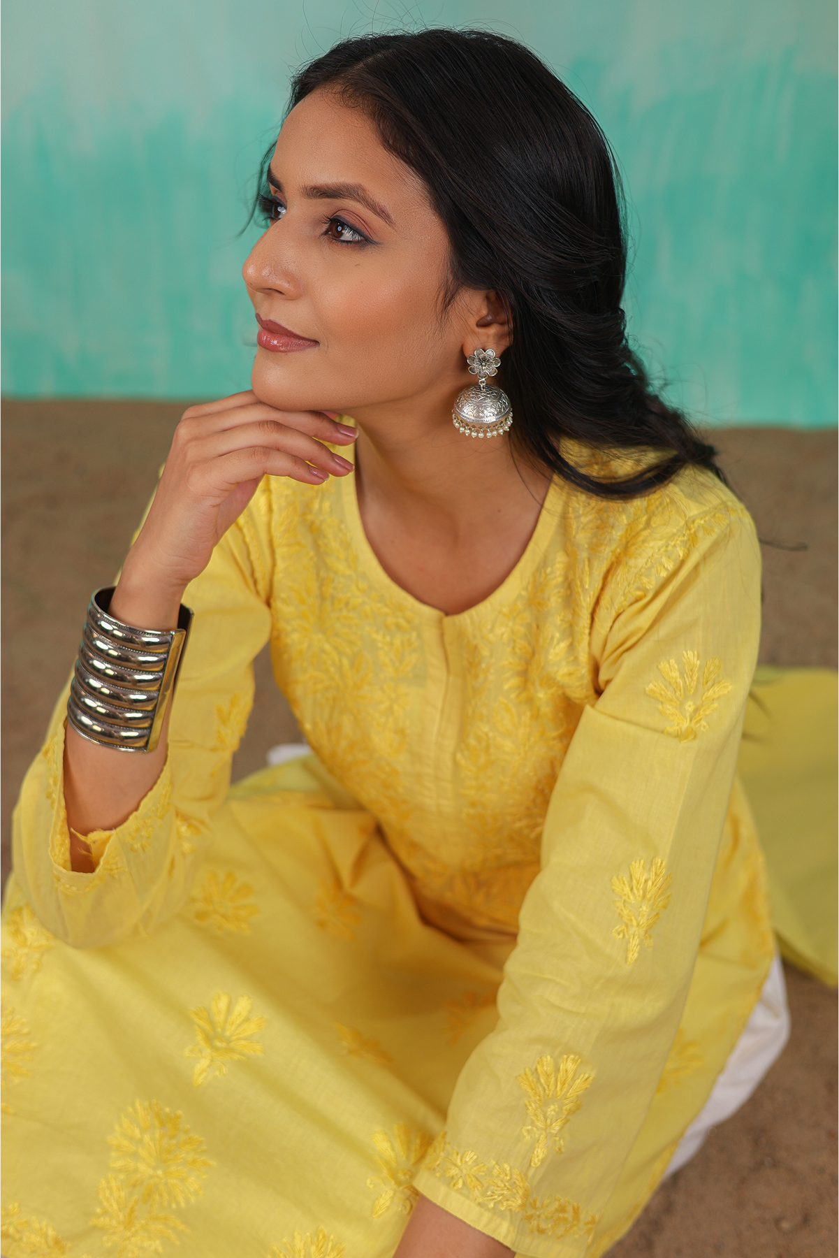 YELLOW RUHANI PURE COTTON HAND CRAFTED CHIKANKARI STRAIGHT KURTI
