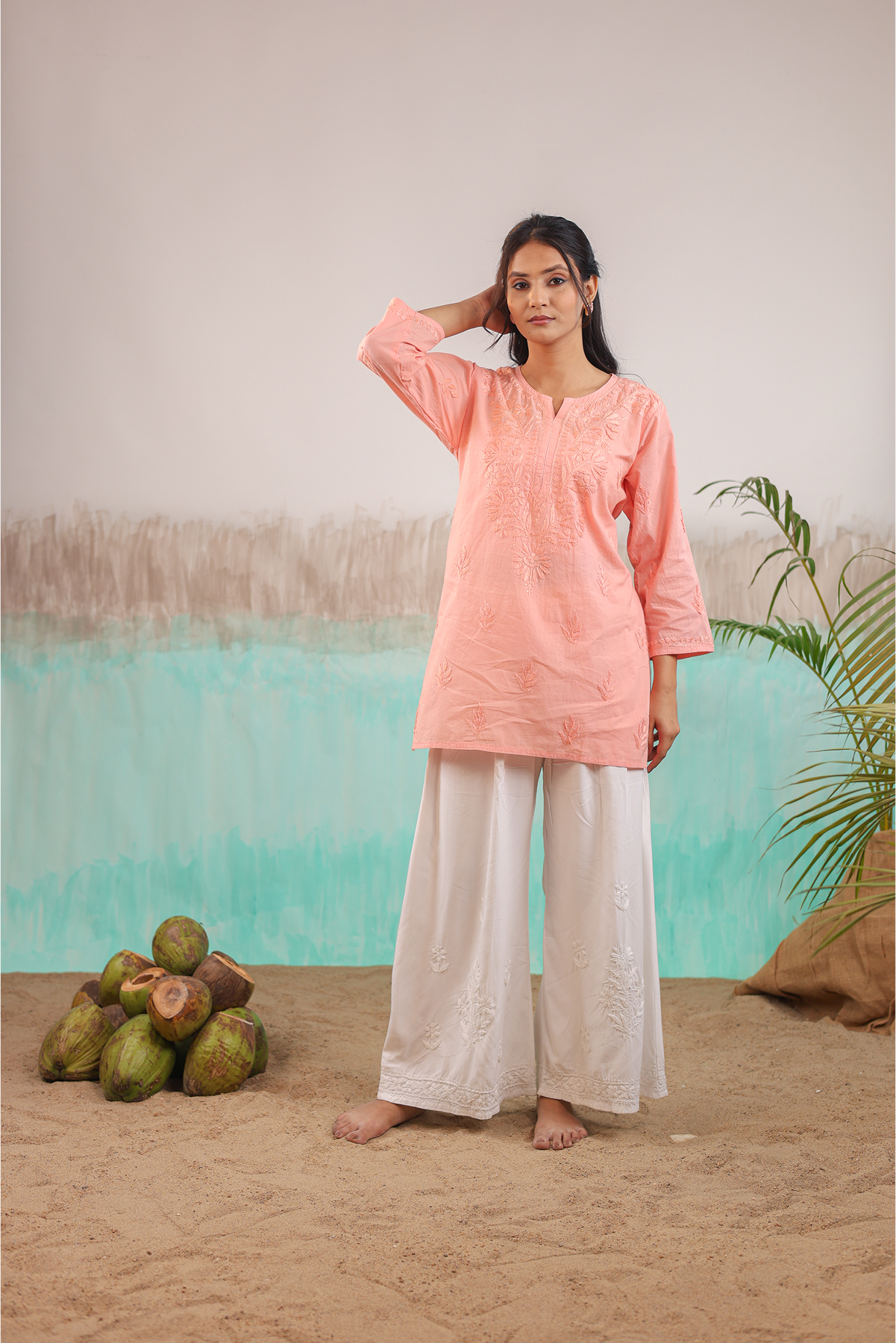 PEACH ANAYA PURE COTTON HAND CRAFTED CHIKANKARI SHORT KURTI