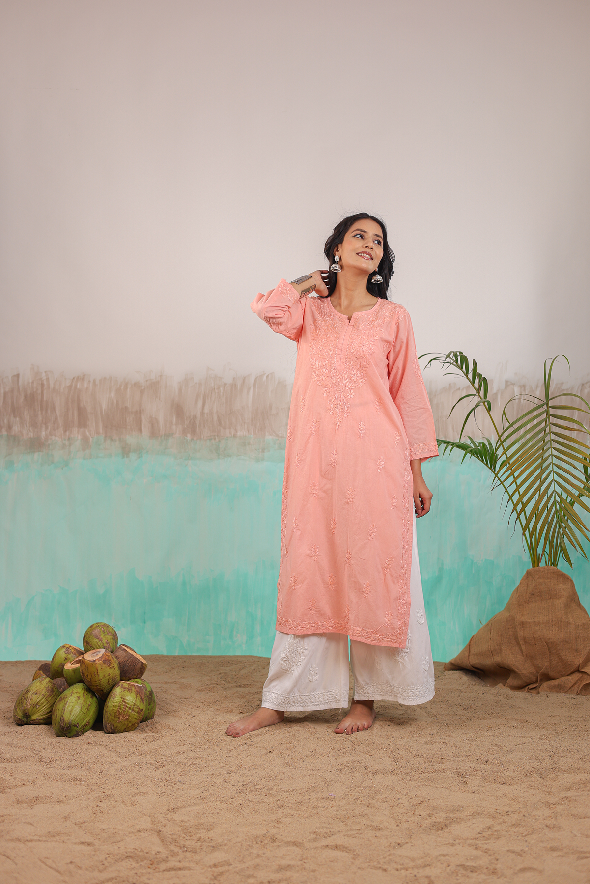 PEACH AAROHI PURE COTTON HAND CRAFTED CHIKANKARI STRAIGHT KURTI