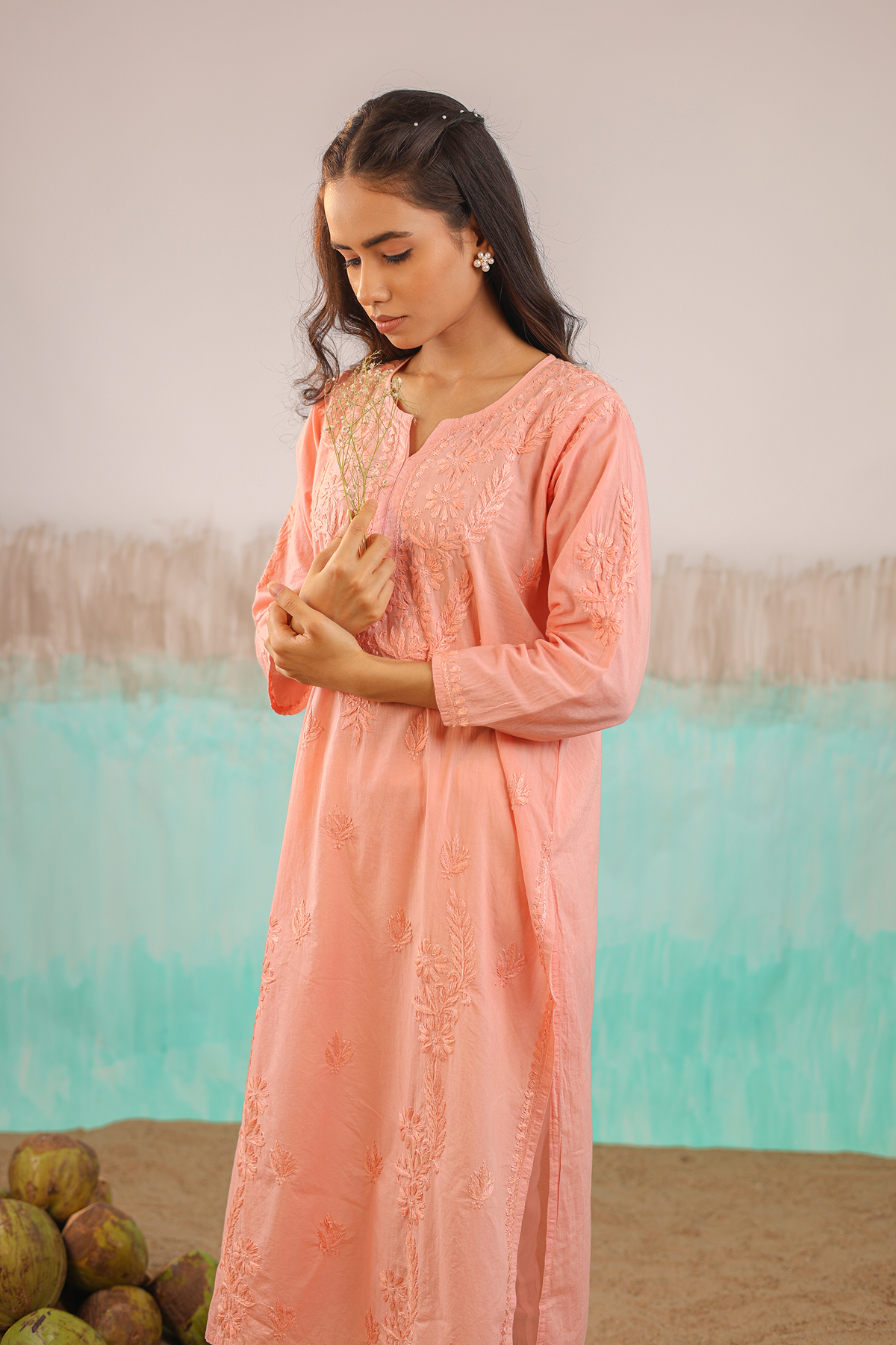 PEACH KAVYA PURE COTTON HAND CRAFTED CHIKANKARI STRAIGHT KURTI