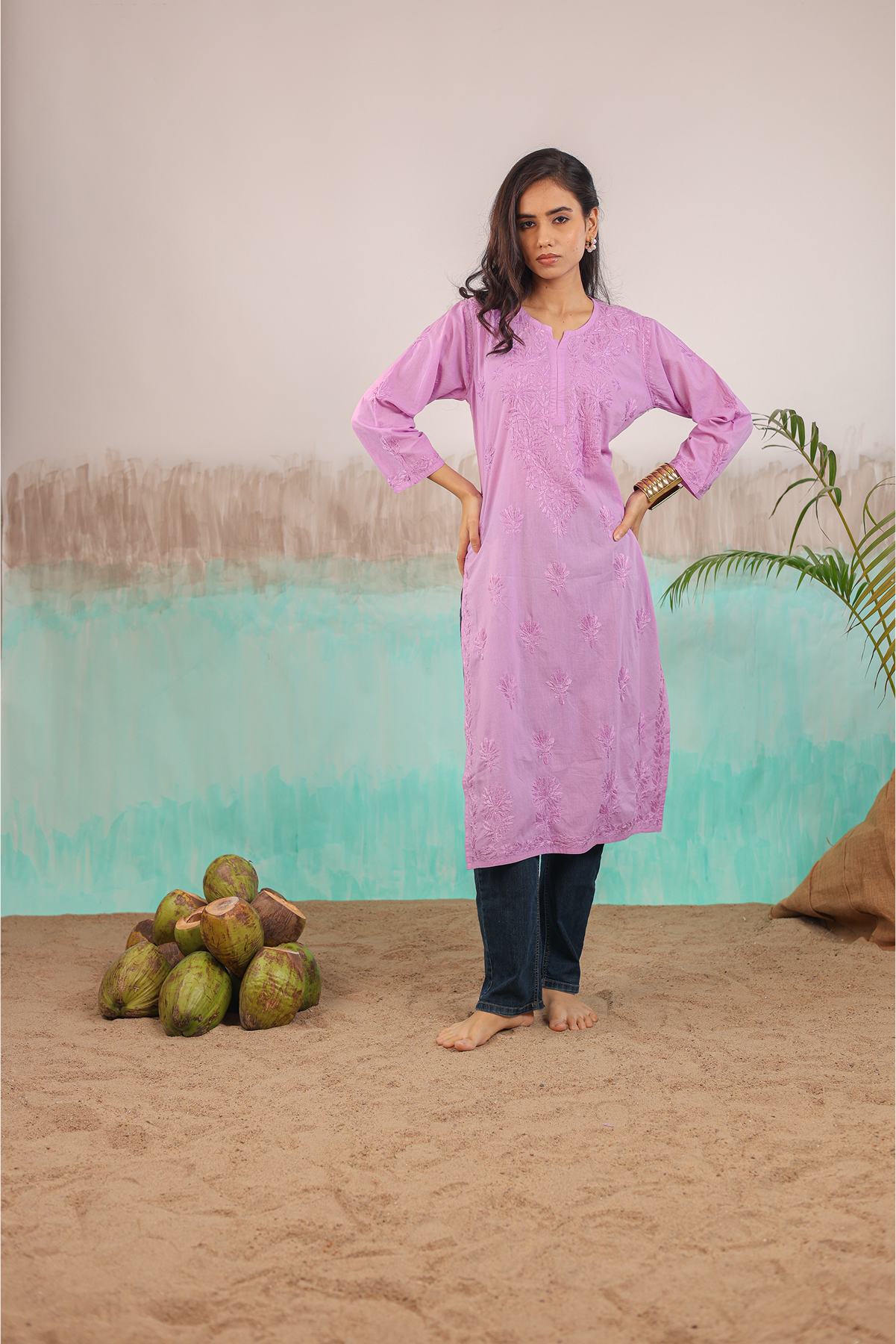 MAUVE RUHANI PURE COTTON HAND CRAFTED CHIKANKARI STRAIGHT KURTI