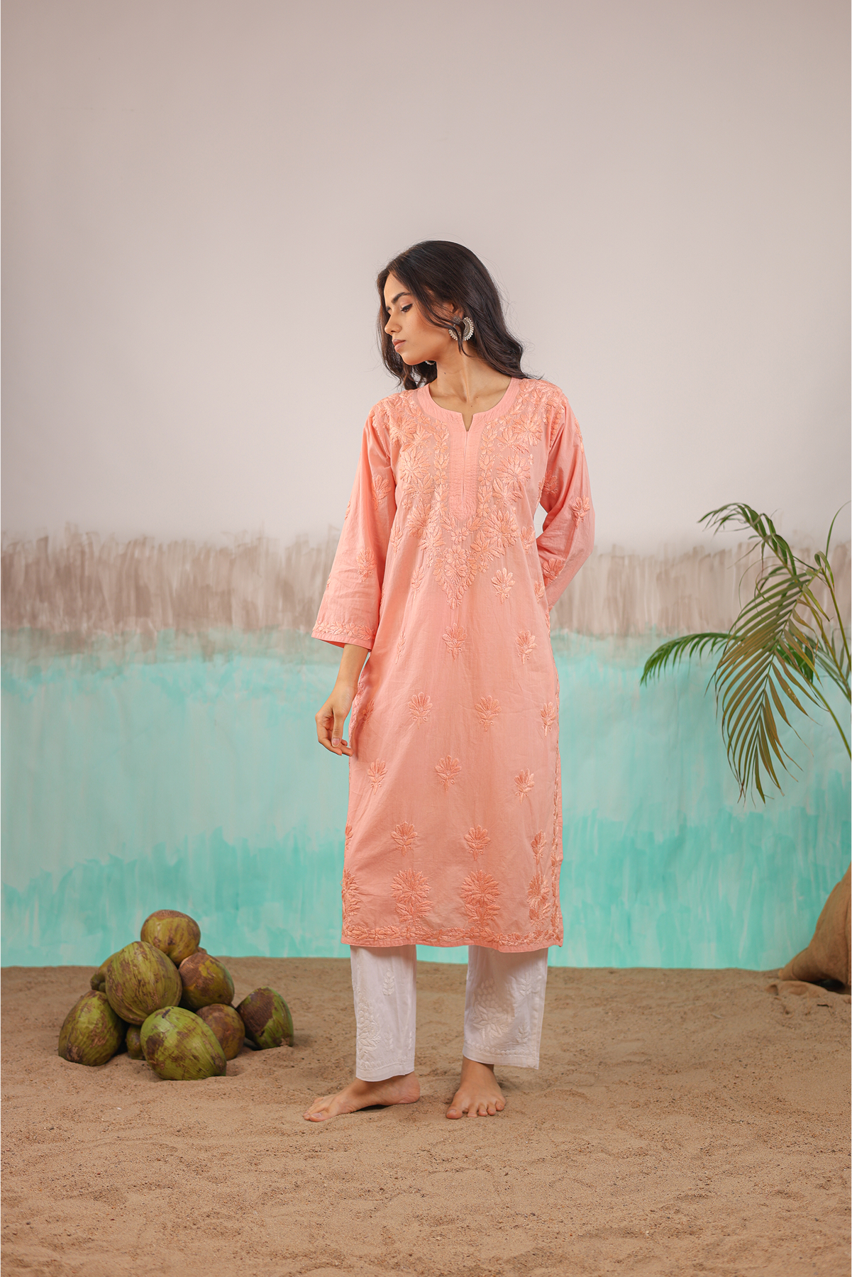 PEACH RUHANI PURE COTTON HAND CRAFTED CHIKANKARI STRAIGHT KURTI
