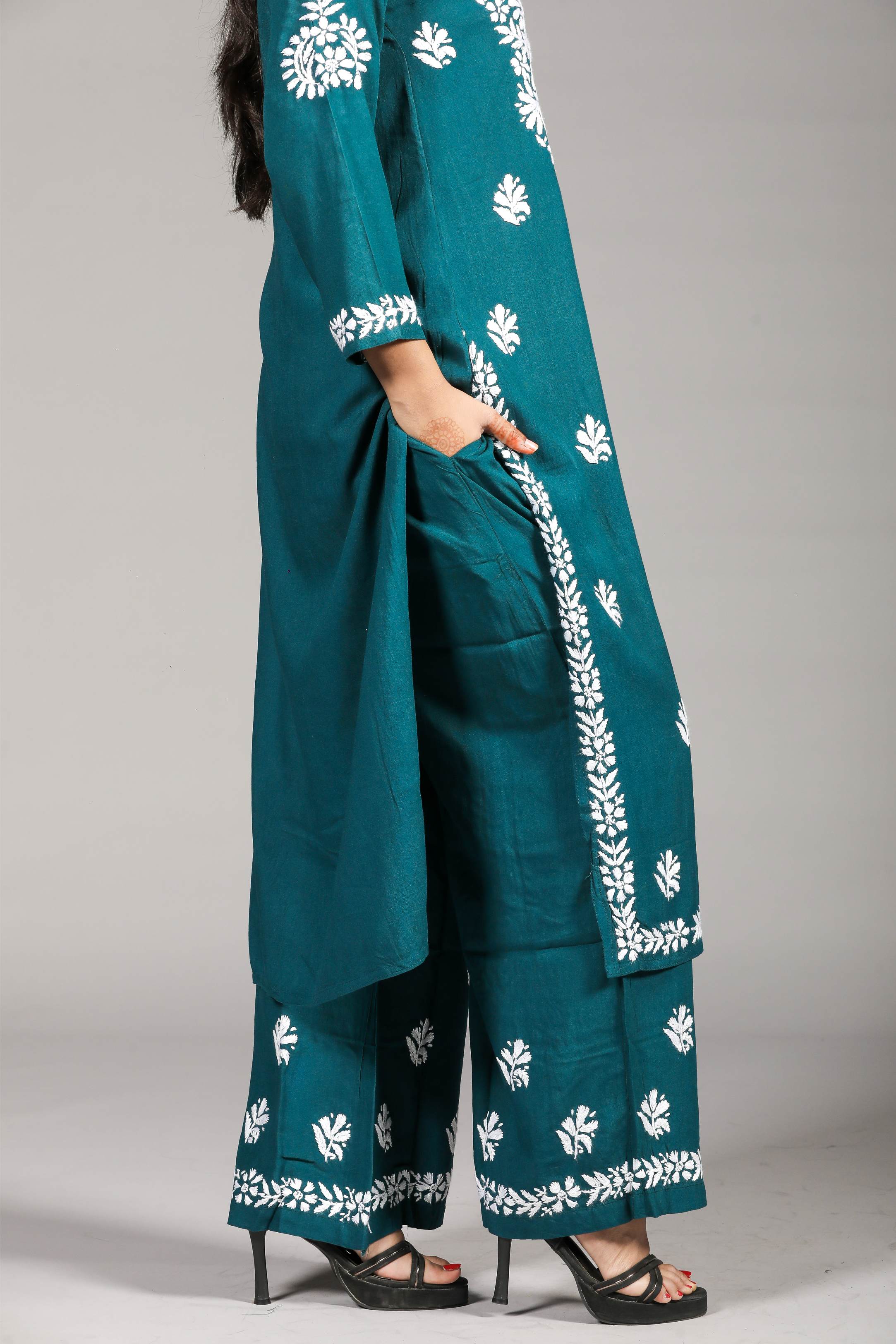 VAMI Rayon Kurti Palazzo set-Sea Blue colour