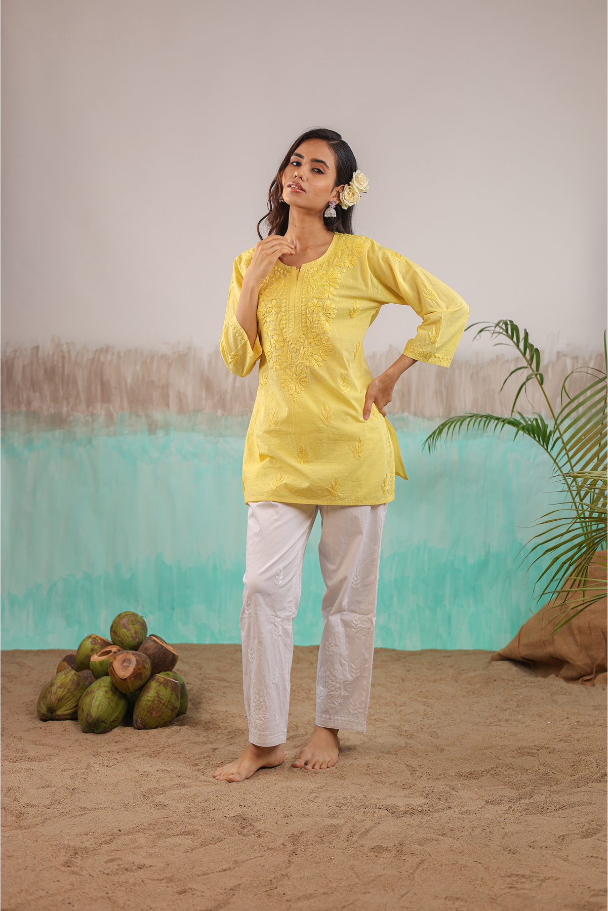 YELLOW NEERA PURE COTTON HAND CRAFTED CHIKANKARI SHORT KURTI