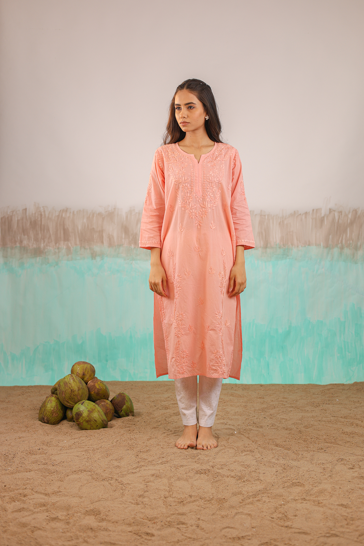 PEACH KAVYA PURE COTTON HAND CRAFTED CHIKANKARI STRAIGHT KURTI