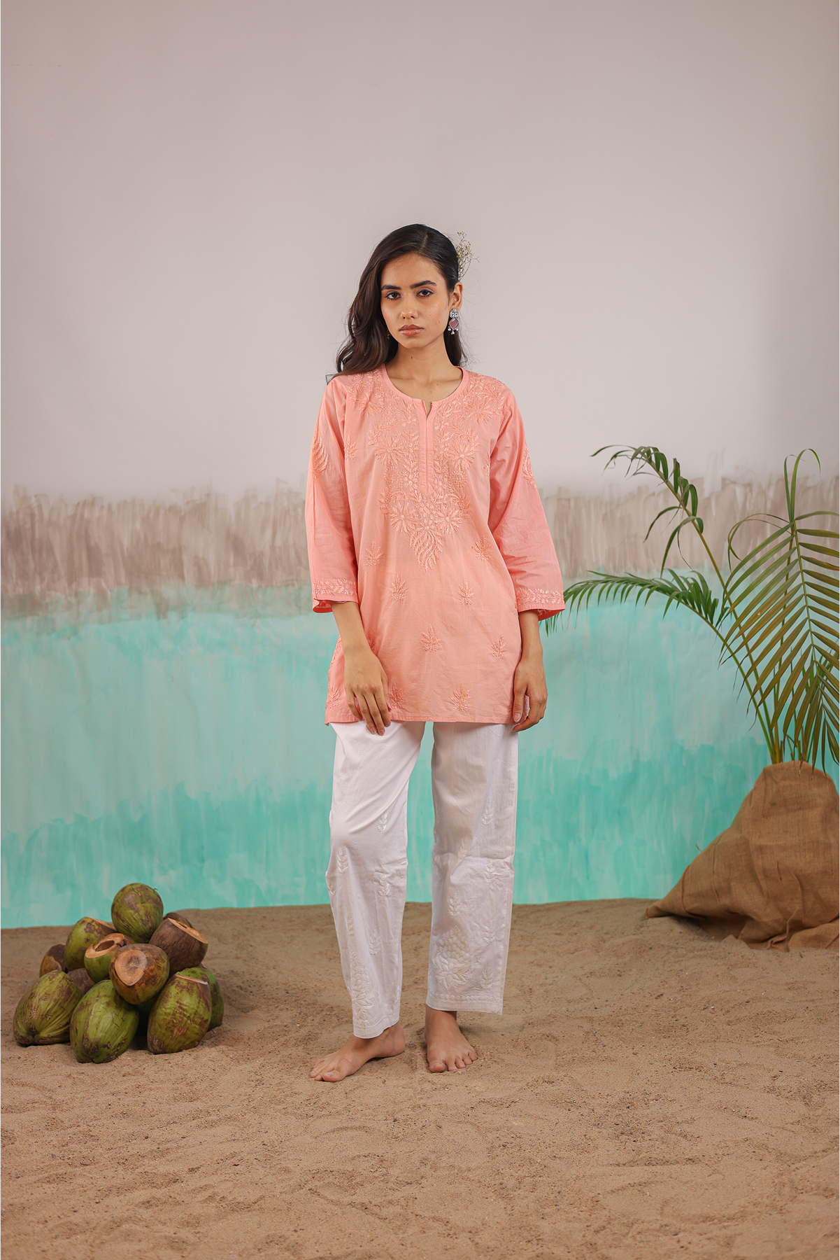 PEACH ANAYA PURE COTTON HAND CRAFTED CHIKANKARI SHORT KURTI