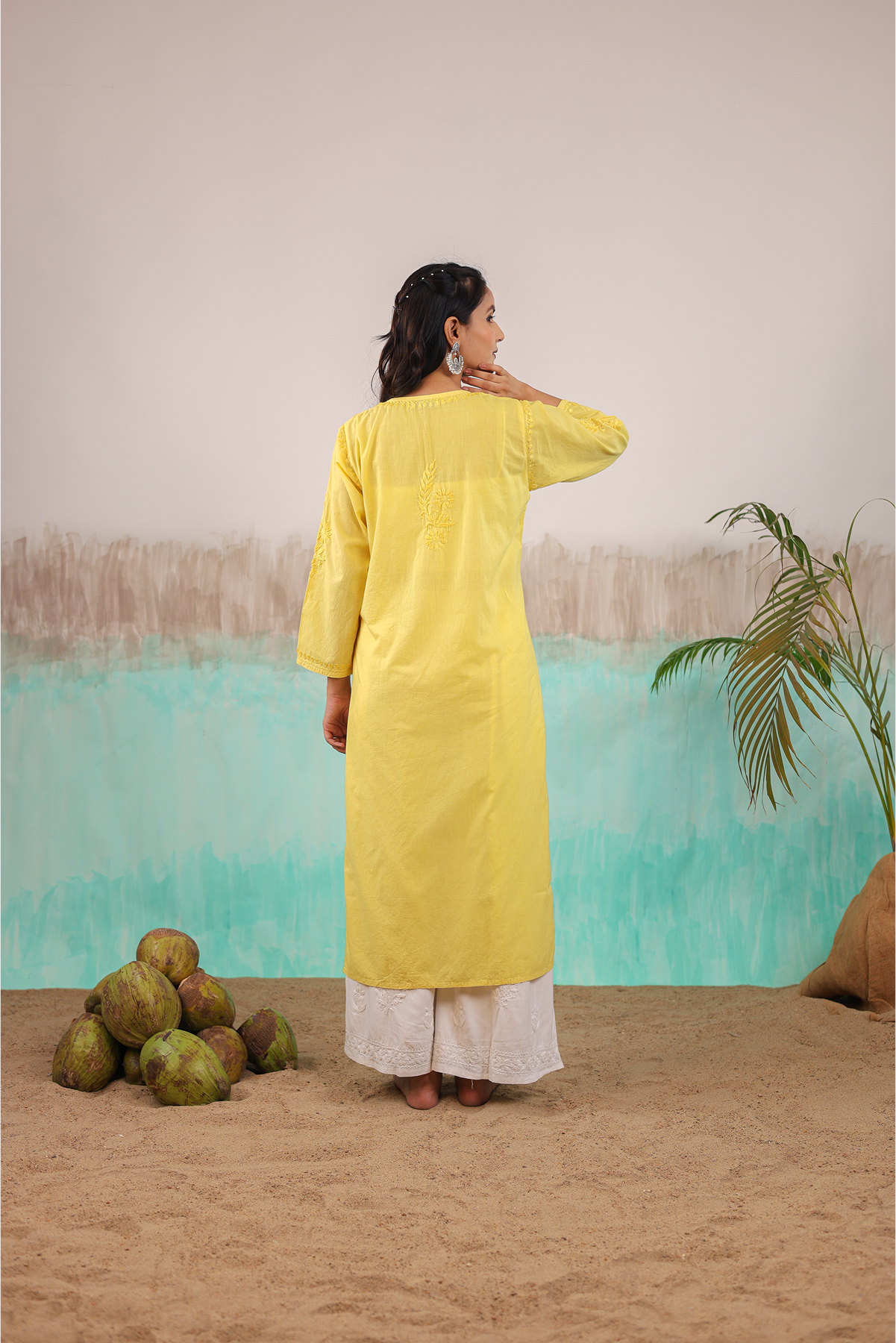 YELLOW KAVYA PURE COTTON HAND CRAFTED CHIKANKARI STRAIGHT KURTI