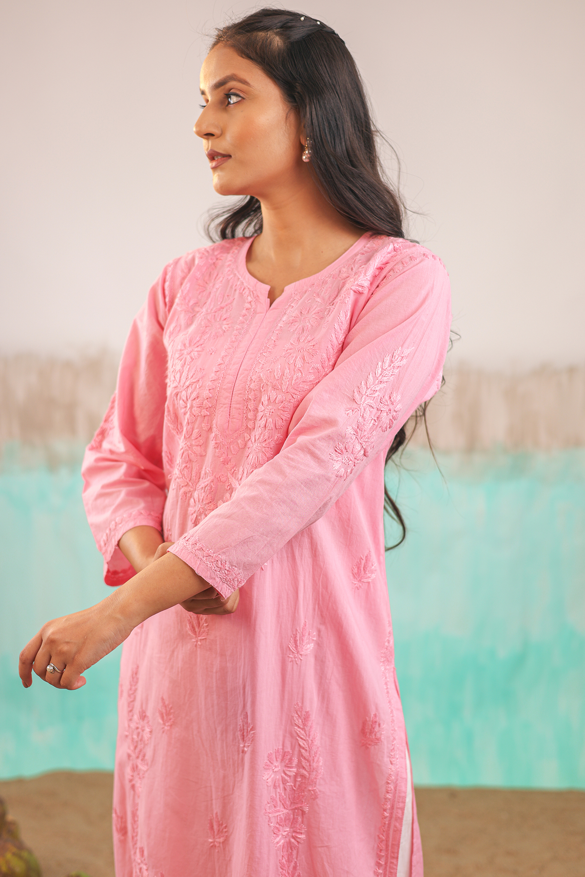 PINK KAVYA PURE COTTON HAND CRAFTED CHIKANKARI STRAIGHT KURTI