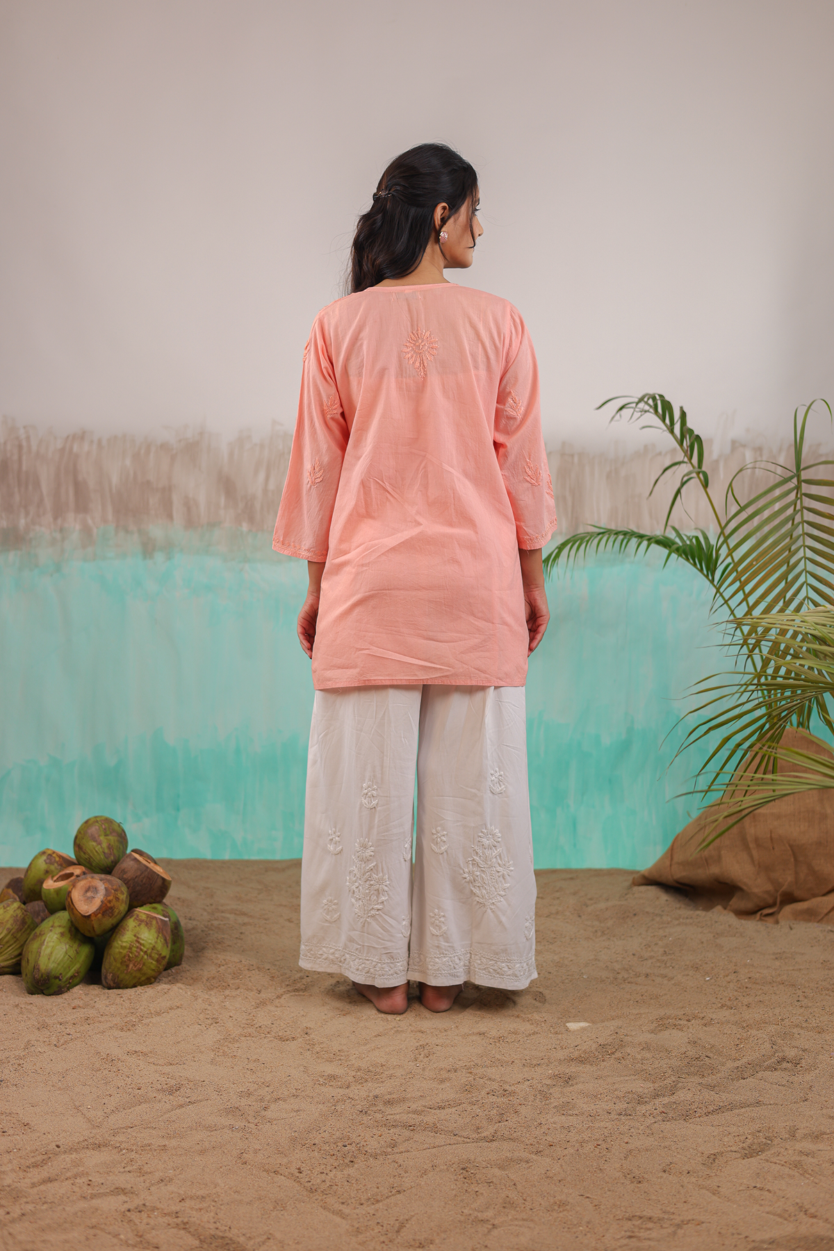 PEACH ANVI PURE COTTON HAND CRAFTED CHIKANKARI SHORT KURTI