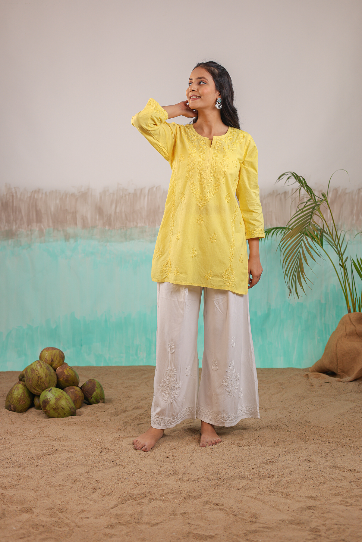 YELLOW ANVI PURE COTTON HAND CRAFTED CHIKANKARI SHORT KURTI