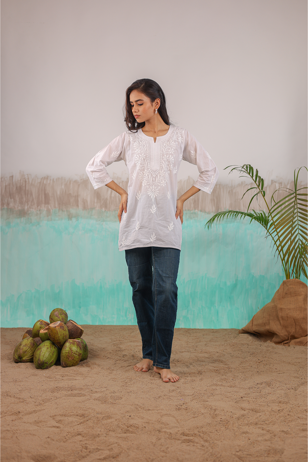 WHITE NEERA PURE COTTON HAND CRAFTED CHIKANKARI SHORT KURTI