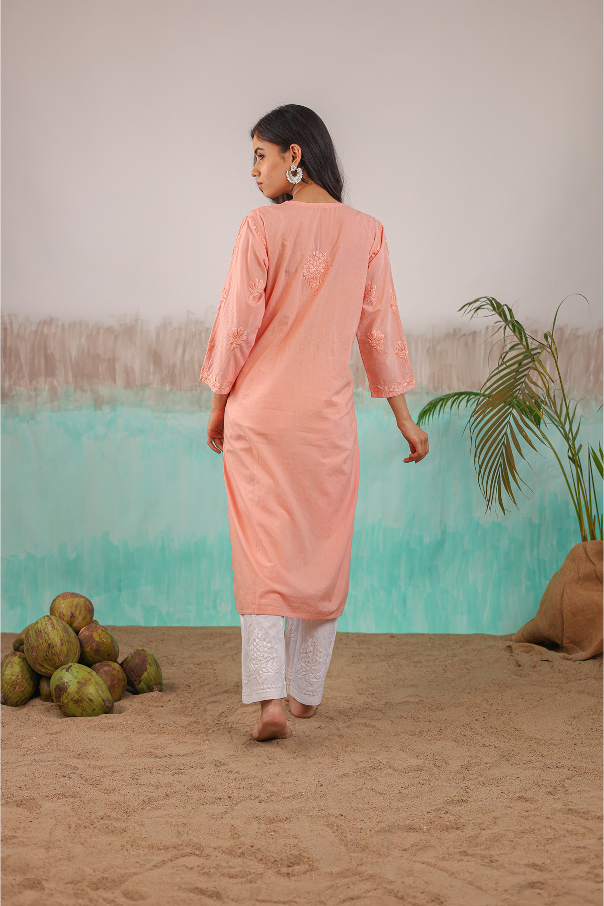 PEACH RUHANI PURE COTTON HAND CRAFTED CHIKANKARI STRAIGHT KURTI