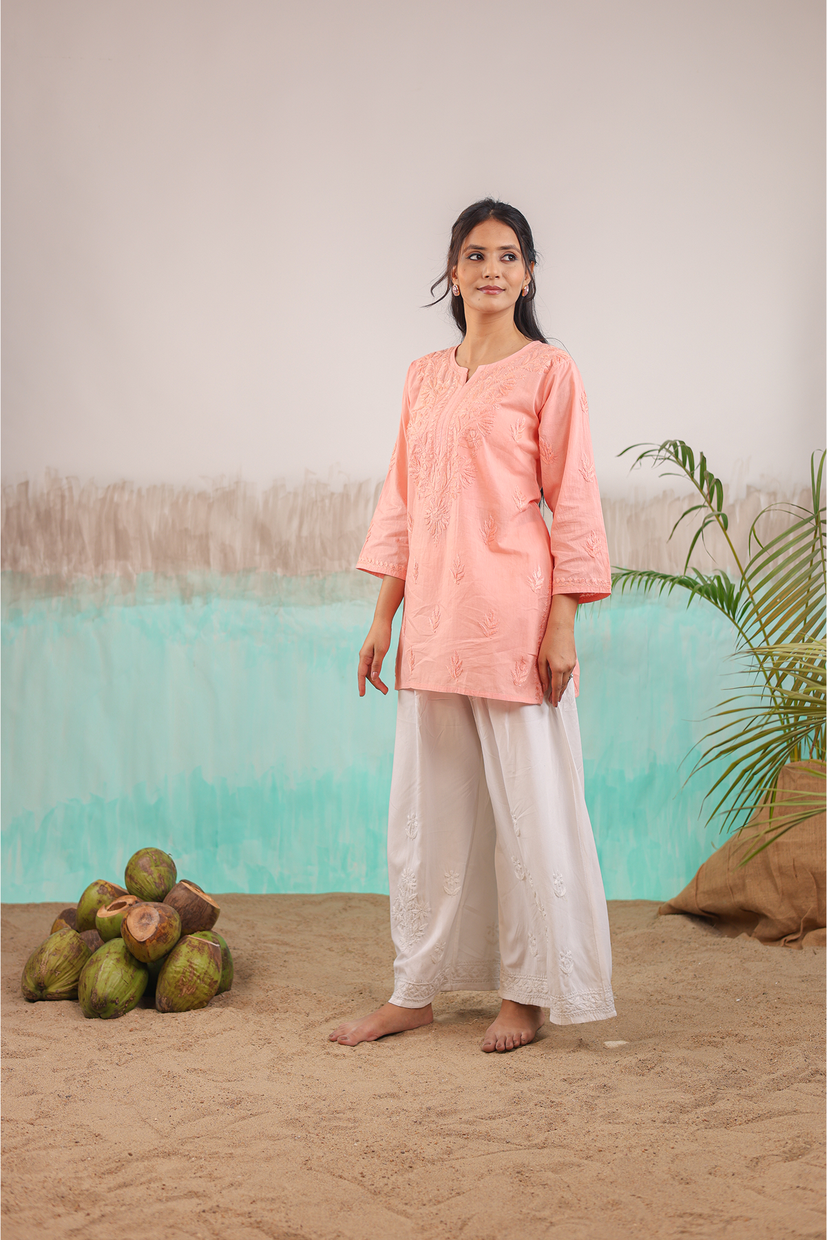 PEACH ANAYA PURE COTTON HAND CRAFTED CHIKANKARI SHORT KURTI