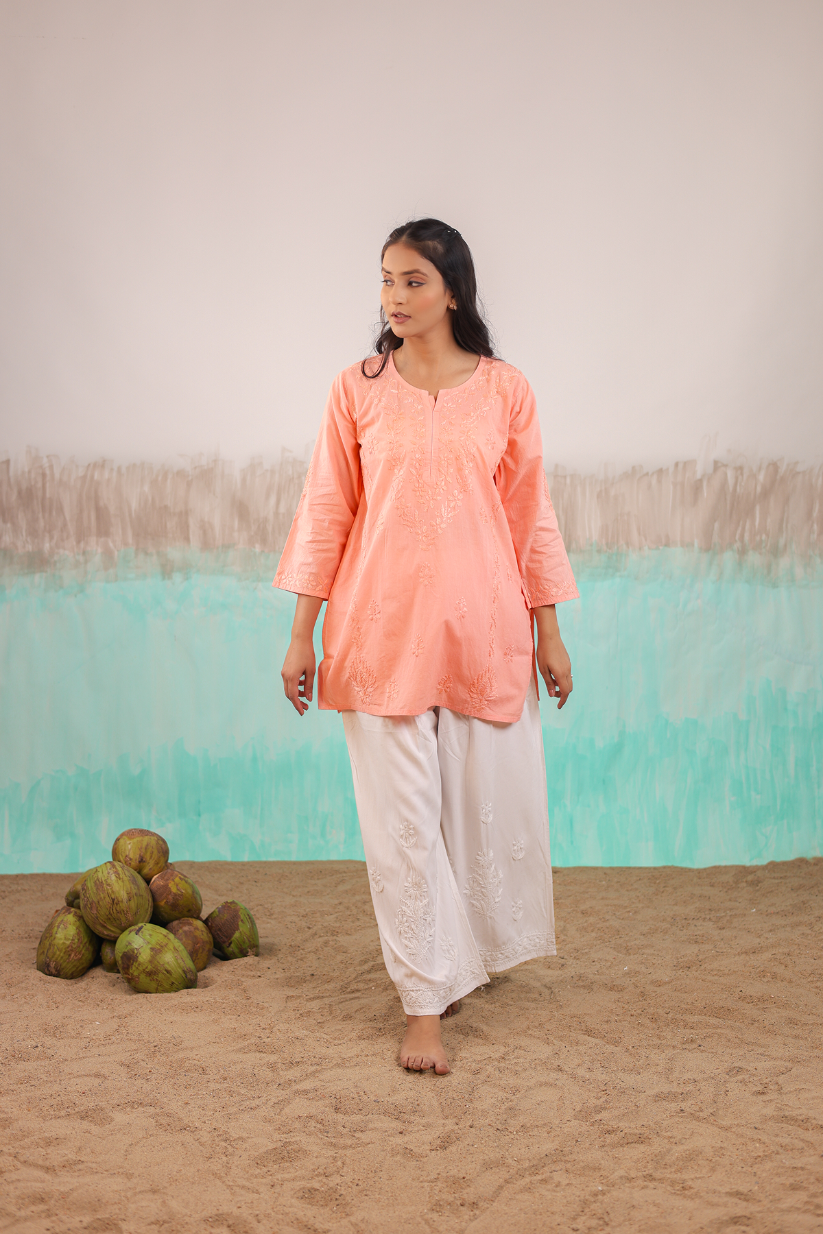 PEACH ANVI PURE COTTON HAND CRAFTED CHIKANKARI SHORT KURTI