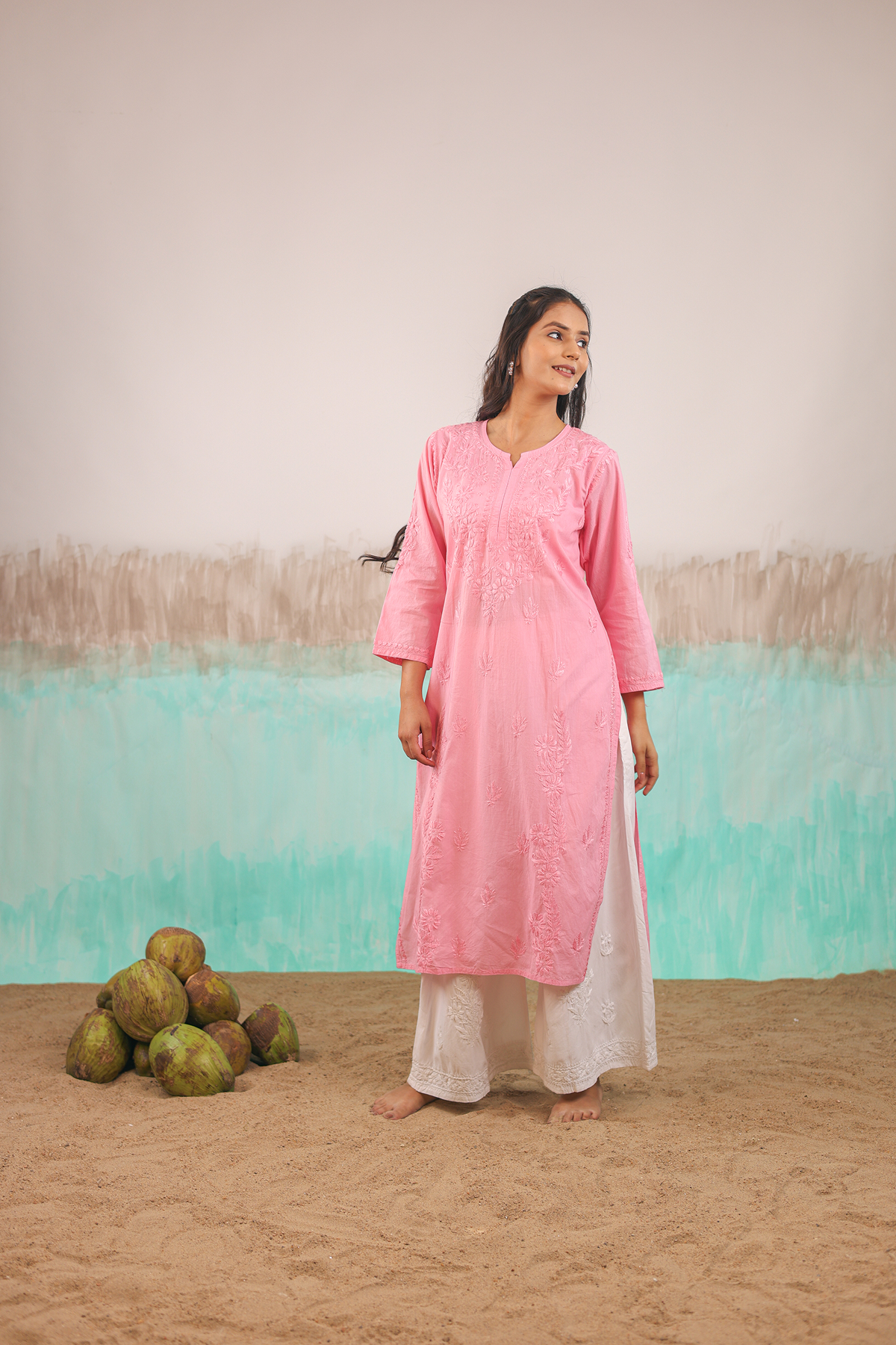 PINK KAVYA PURE COTTON HAND CRAFTED CHIKANKARI STRAIGHT KURTI