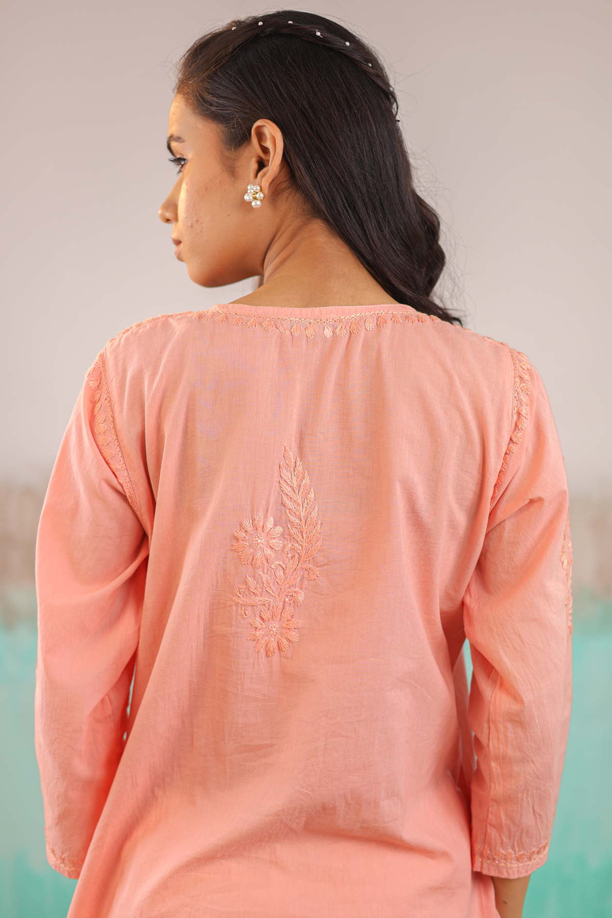 PEACH KAVYA PURE COTTON HAND CRAFTED CHIKANKARI STRAIGHT KURTI