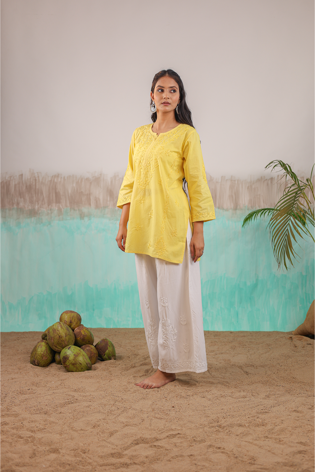 YELLOW ANVI PURE COTTON HAND CRAFTED CHIKANKARI SHORT KURTI