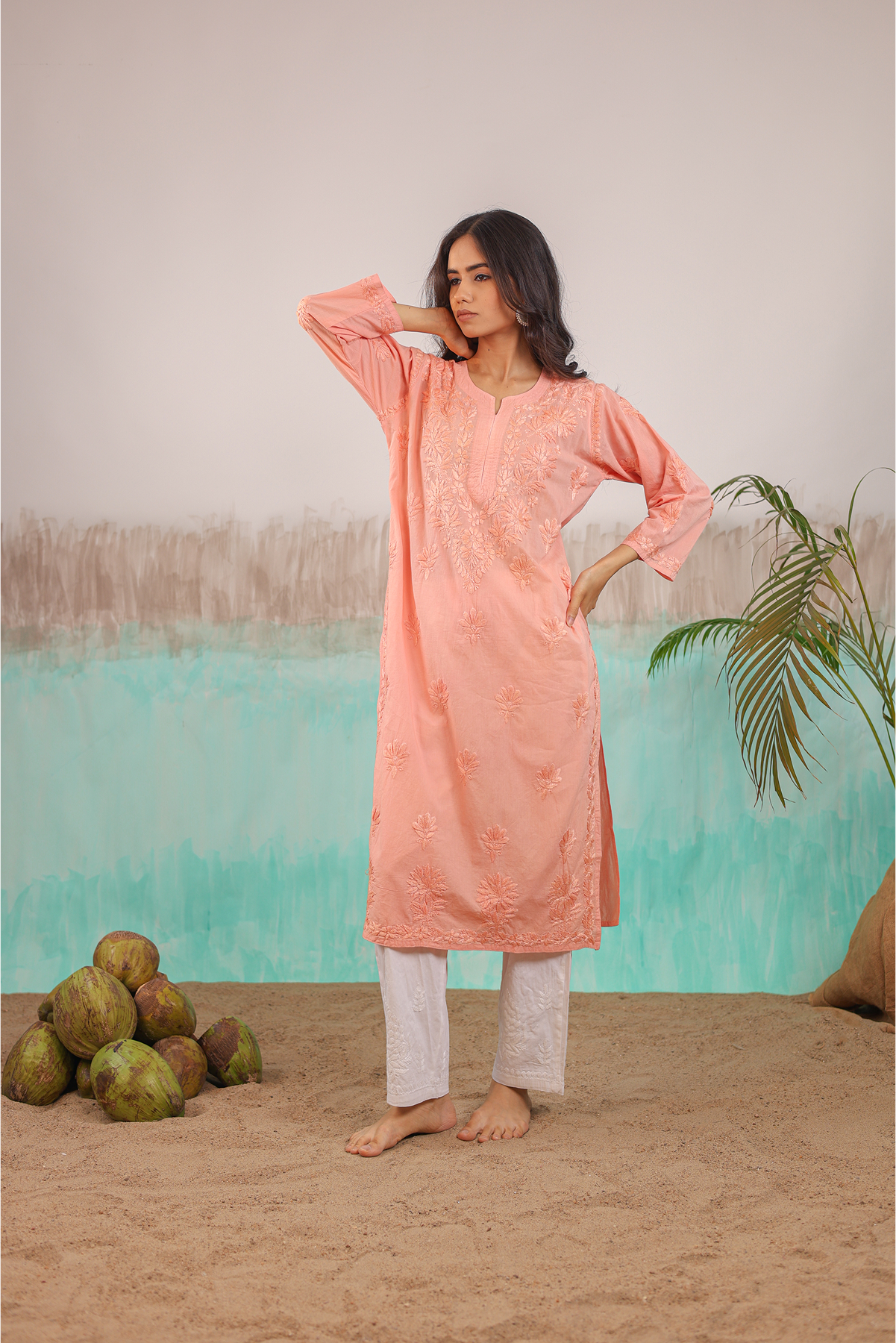 PEACH RUHANI PURE COTTON HAND CRAFTED CHIKANKARI STRAIGHT KURTI