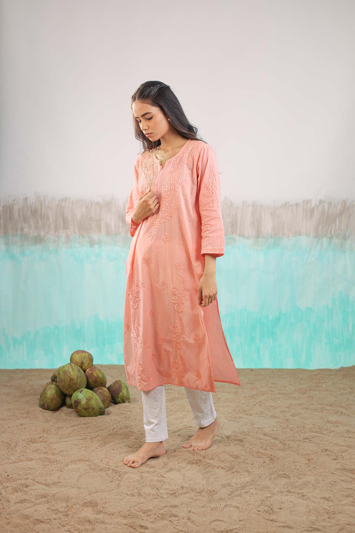 PEACH KAVYA PURE COTTON HAND CRAFTED CHIKANKARI STRAIGHT KURTI