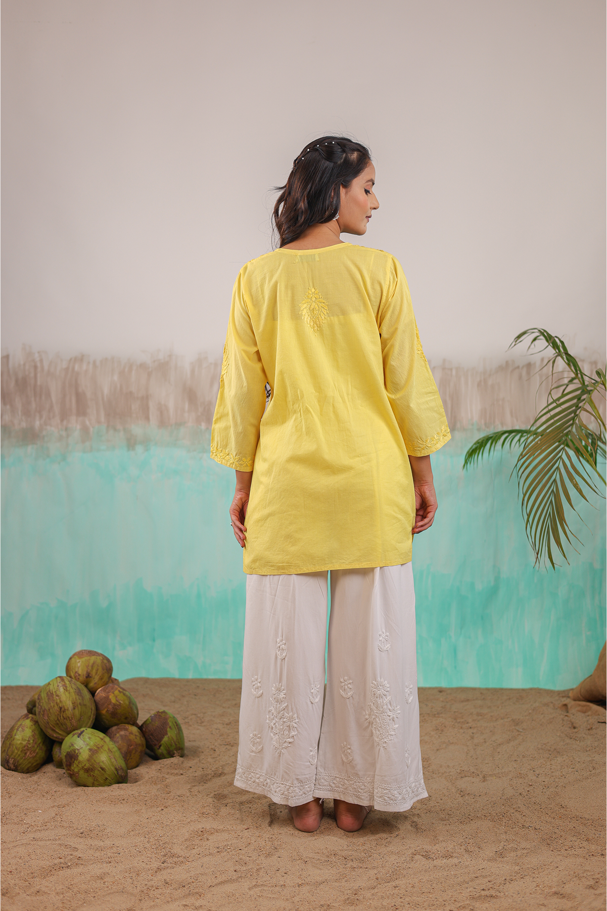 YELLOW ANVI PURE COTTON HAND CRAFTED CHIKANKARI SHORT KURTI