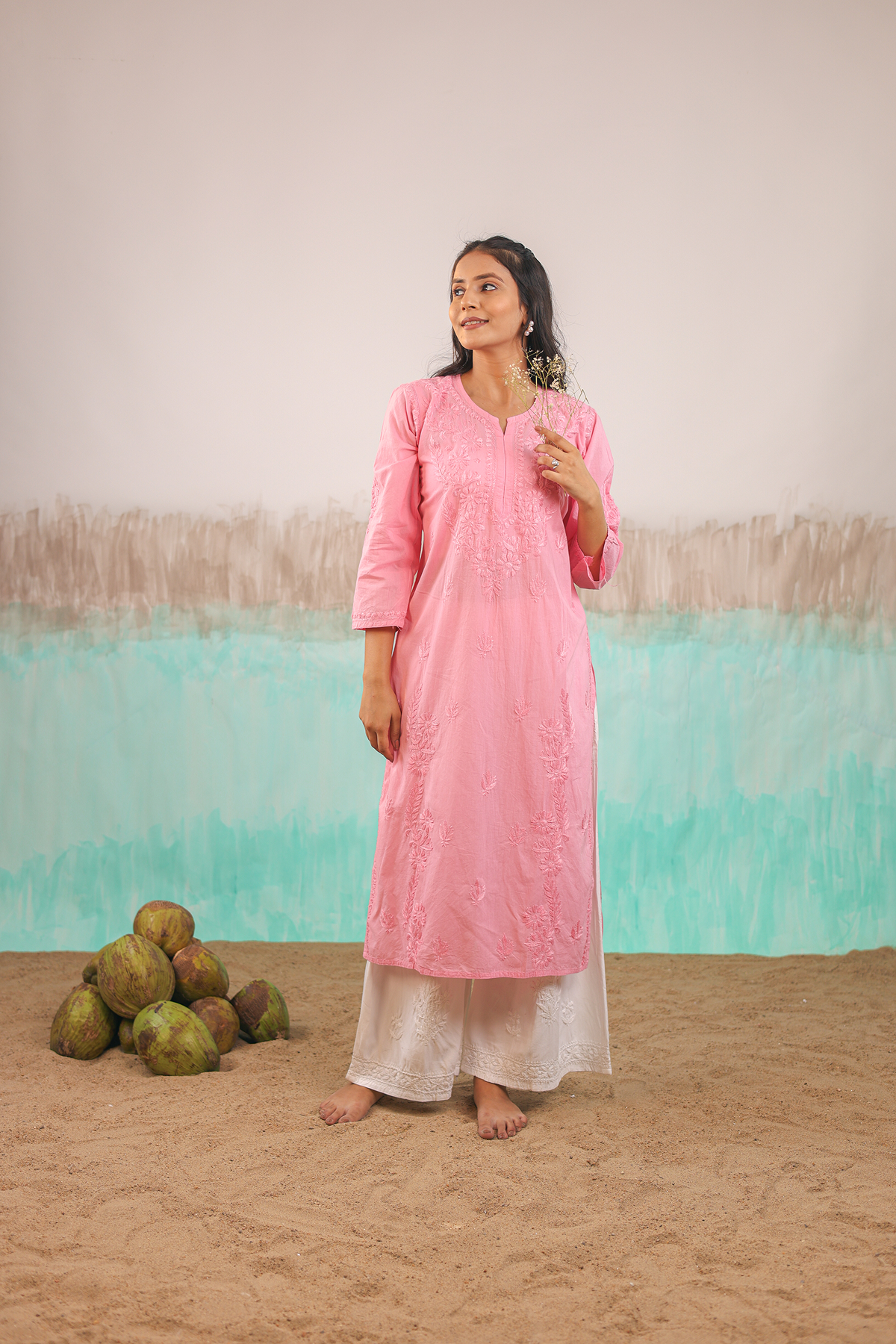 PINK KAVYA PURE COTTON HAND CRAFTED CHIKANKARI STRAIGHT KURTI