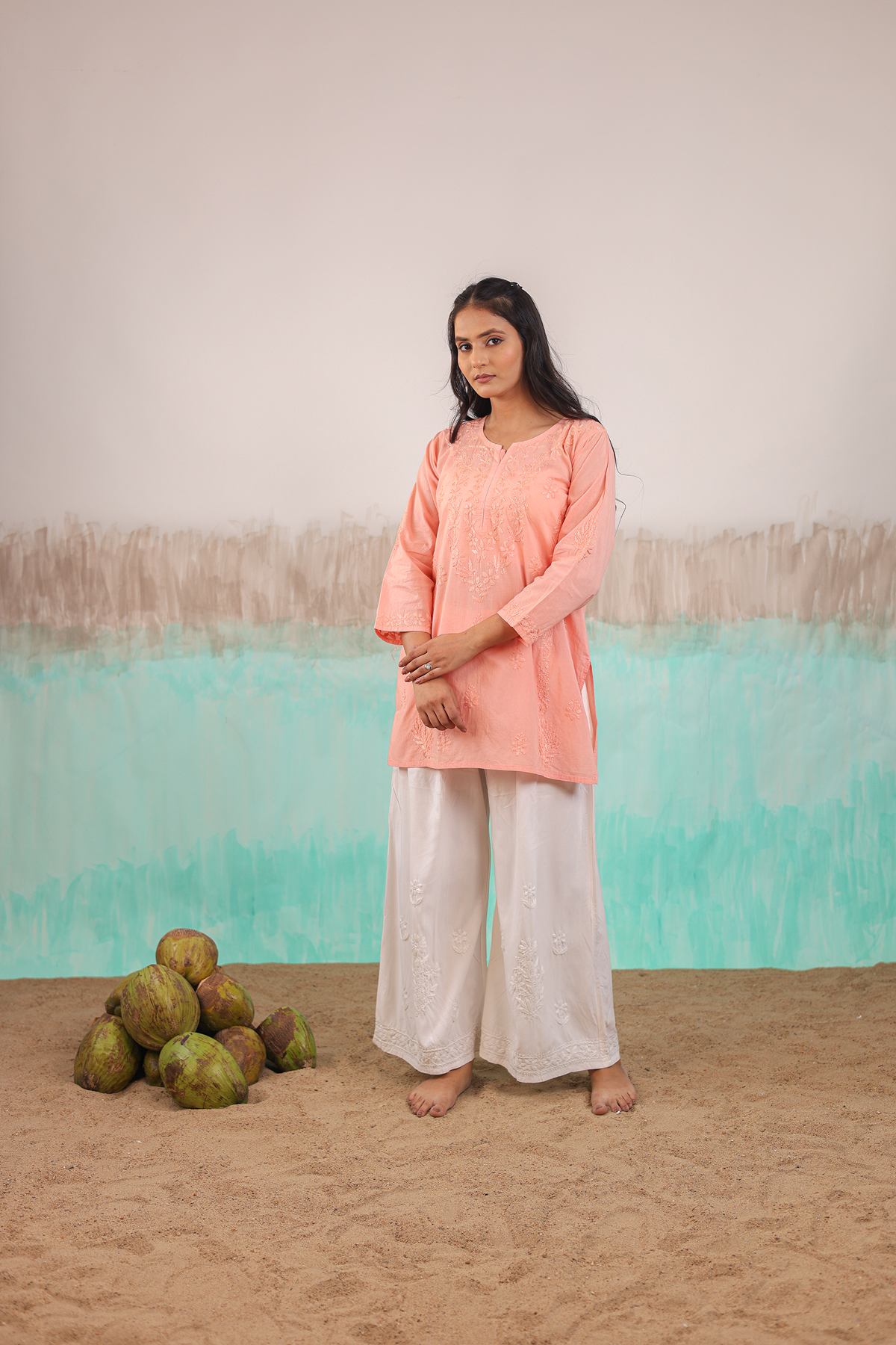 PEACH ANVI PURE COTTON HAND CRAFTED CHIKANKARI SHORT KURTI