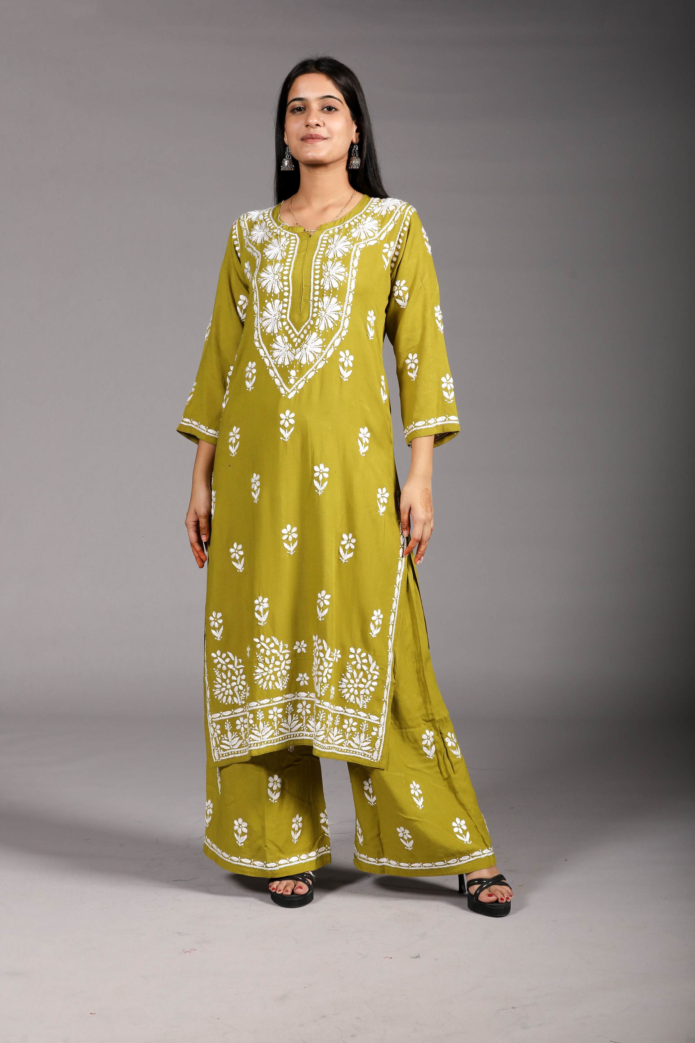 MYRA Rayon Kurti Palazzo set-Mehendi colour