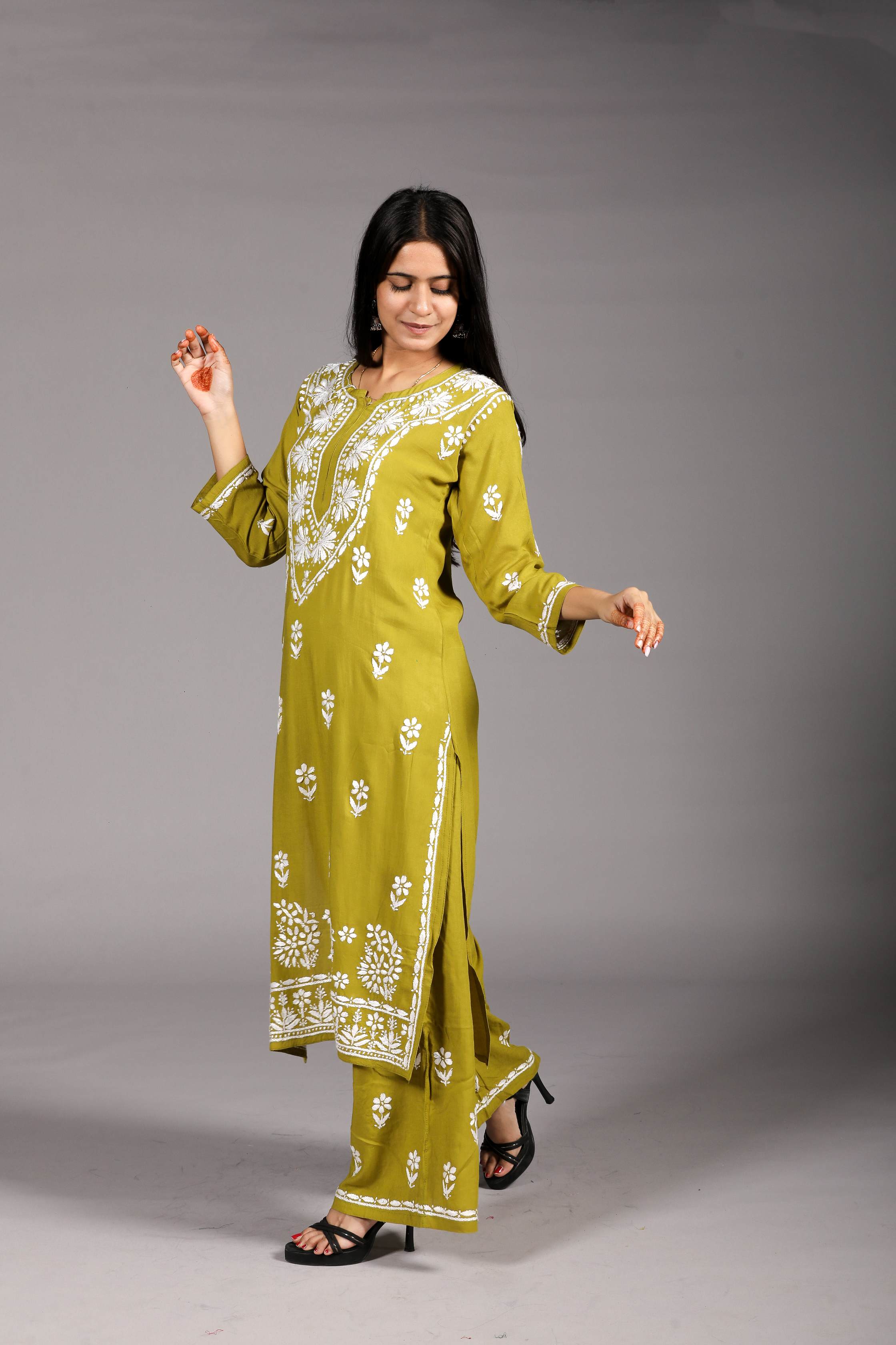 MYRA Rayon Kurti Palazzo set-Mehendi colour