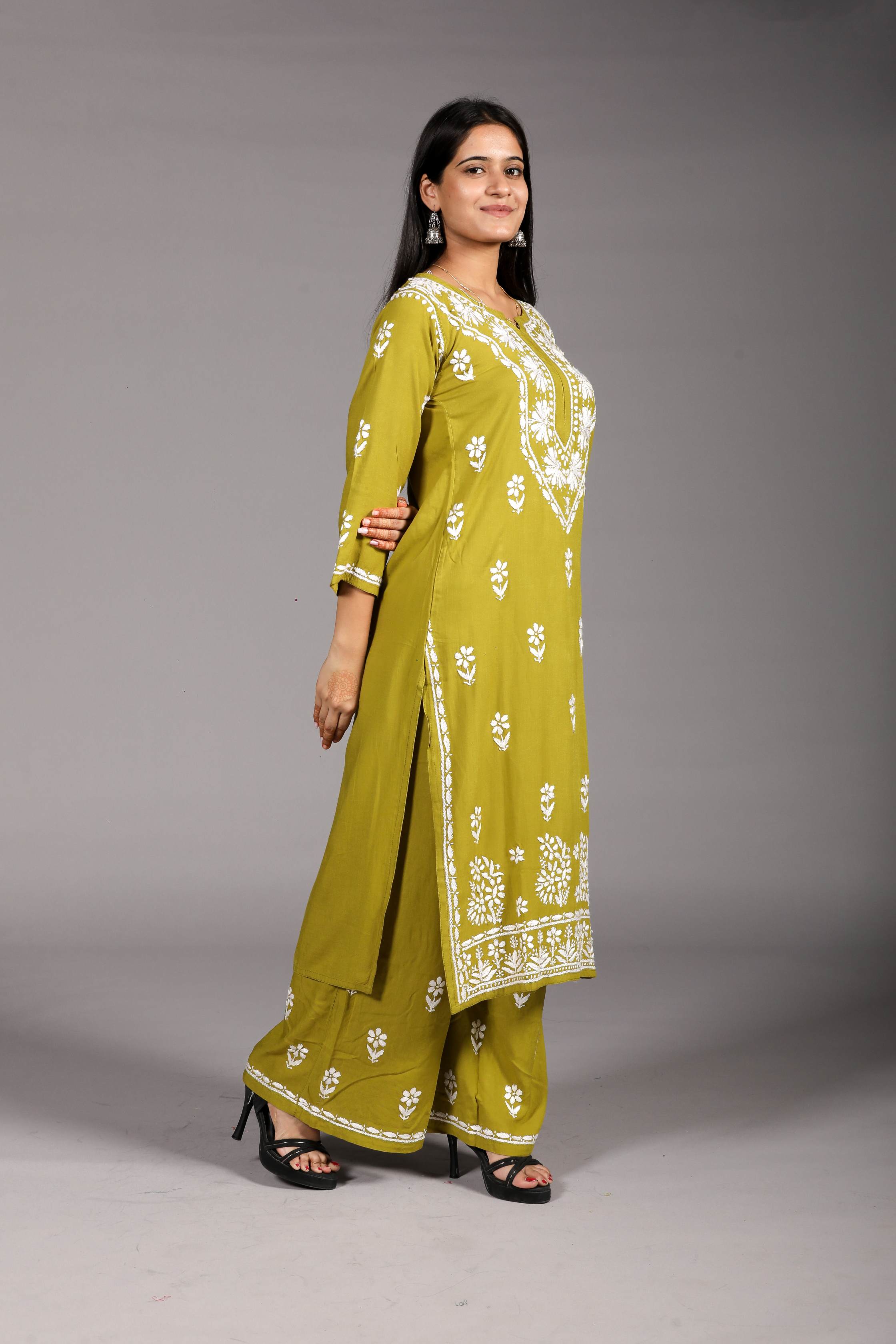 MYRA Rayon Kurti Palazzo set-Mehendi colour