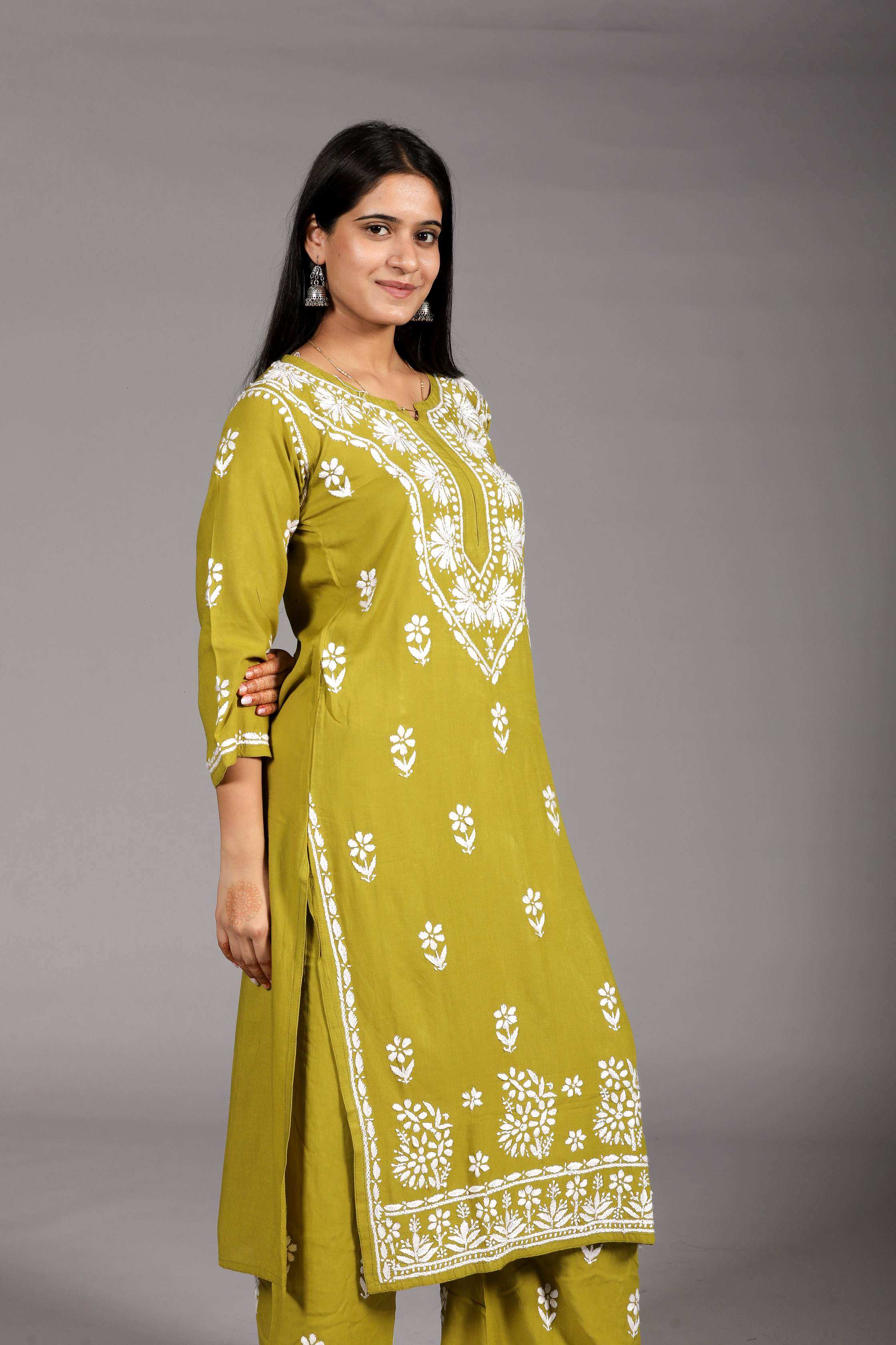 MYRA Rayon Kurti Palazzo set-Mehendi colour