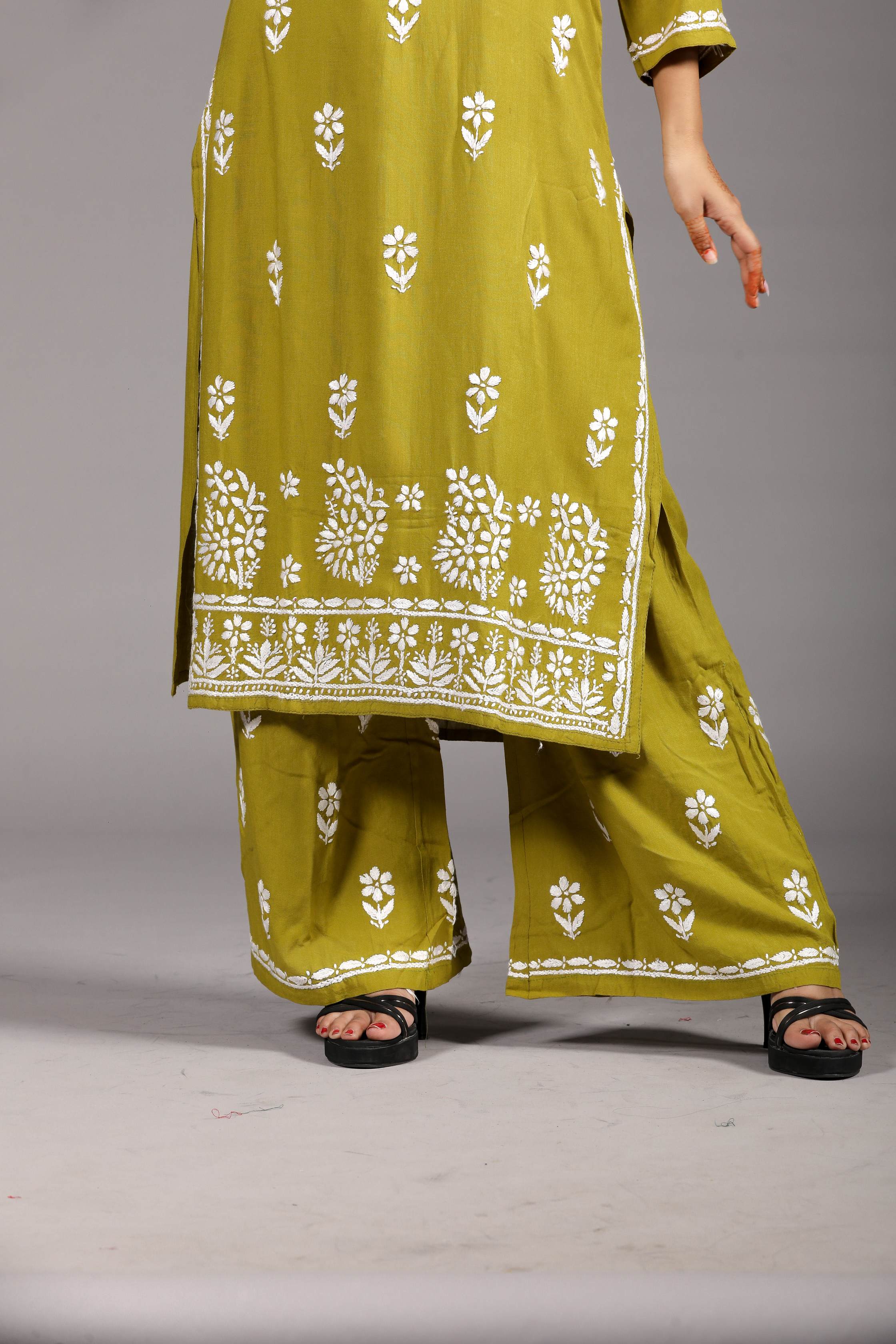 MYRA Rayon Kurti Palazzo set-Mehendi colour