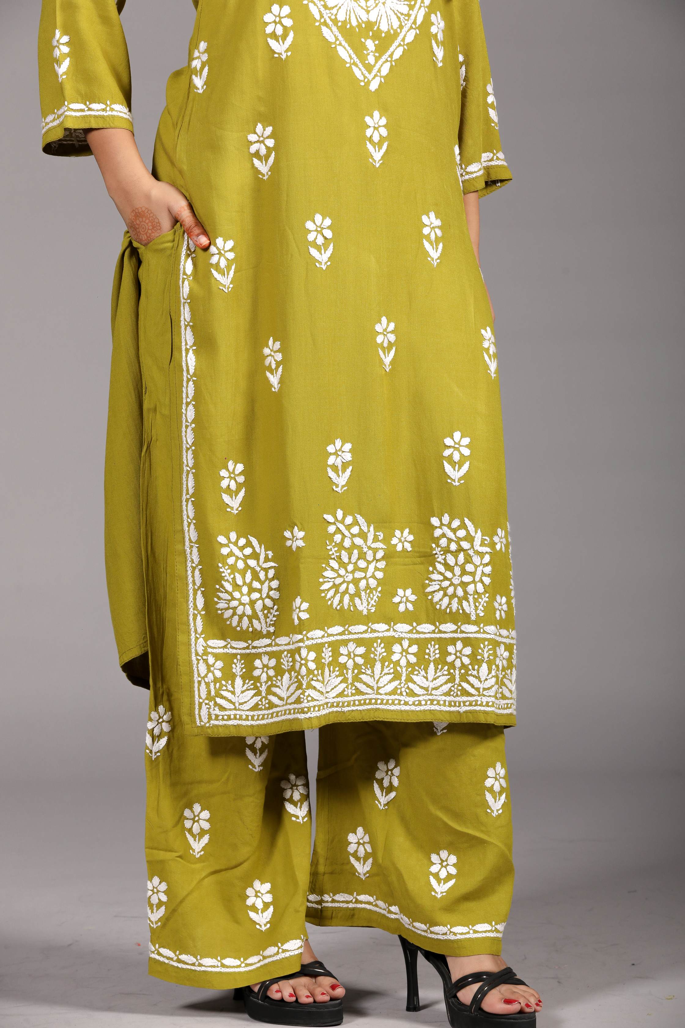 MYRA Rayon Kurti Palazzo set-Mehendi colour
