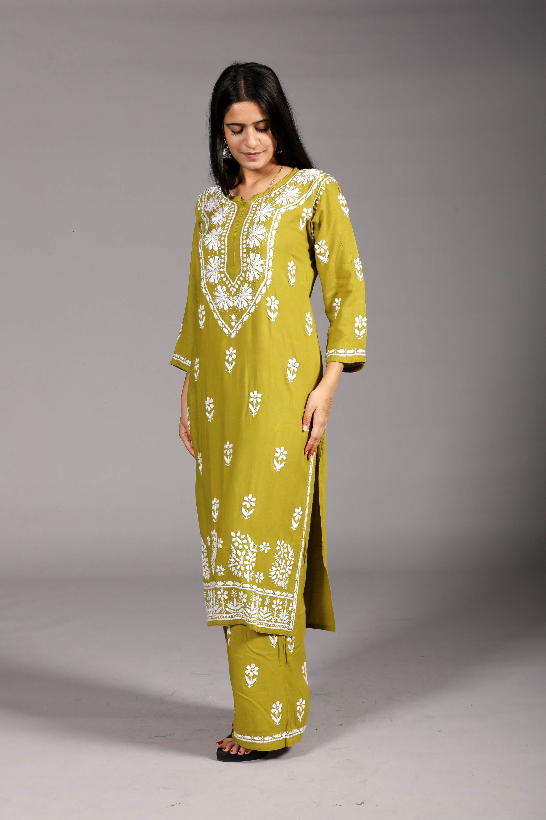 MYRA Rayon Kurti Palazzo set-Mehendi colour