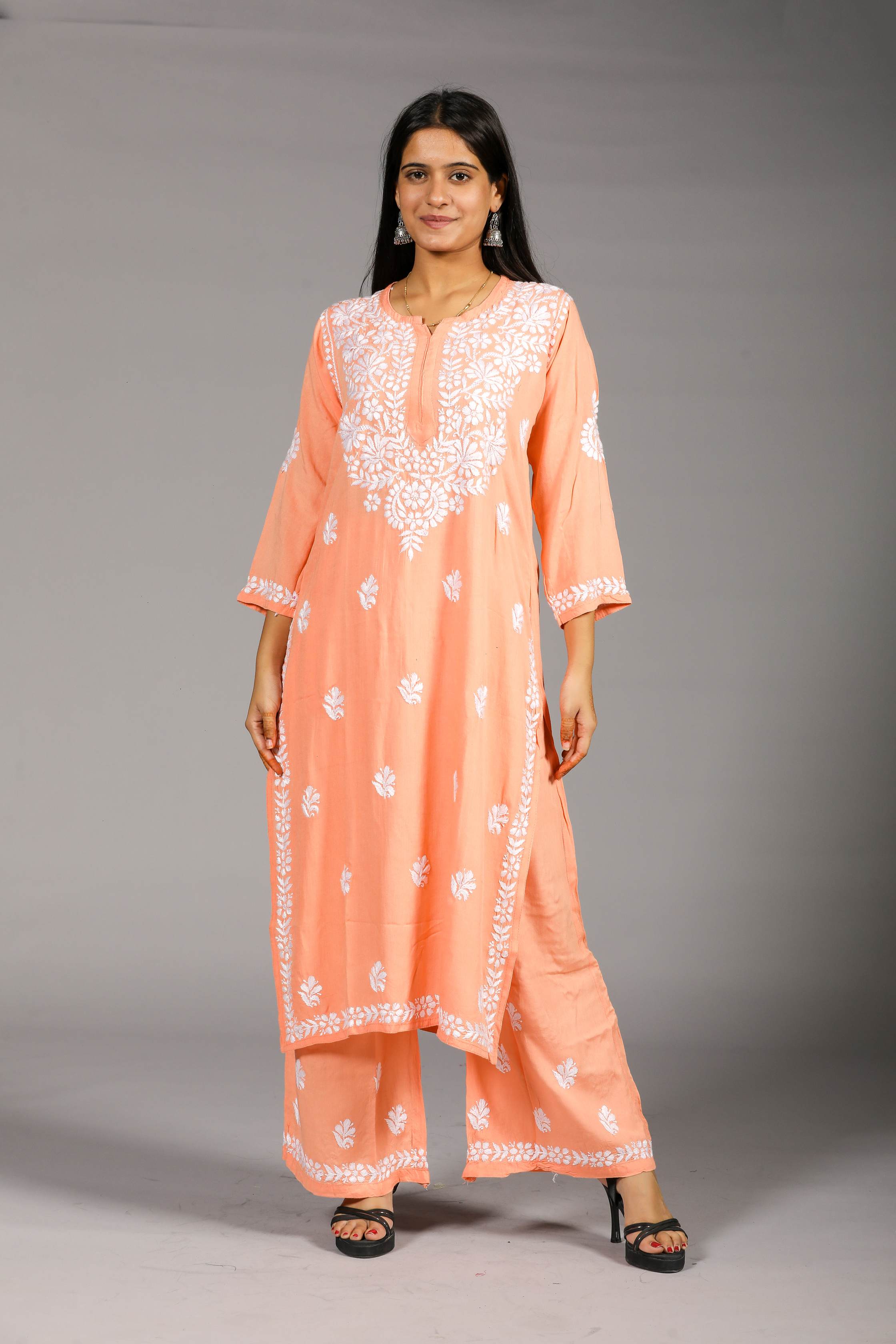 VAMI Rayon Kurti Palazzo set-Peach colour